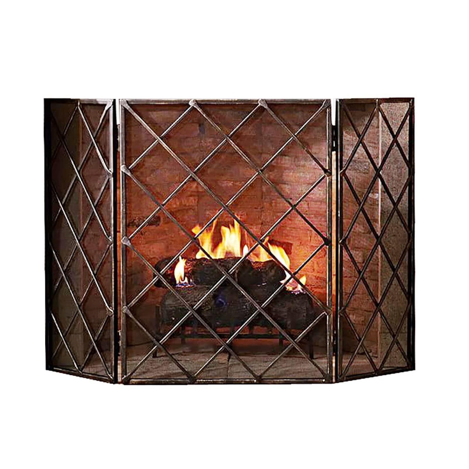 XLAQ Large Fireplace Screen Black, 3 Panel Heavy Duty Free-Standing Fireplace Screen 28in Tall - Folding Fire Place Fence Solid Wrought Iron Frame with Mesh Spark Guard Cover