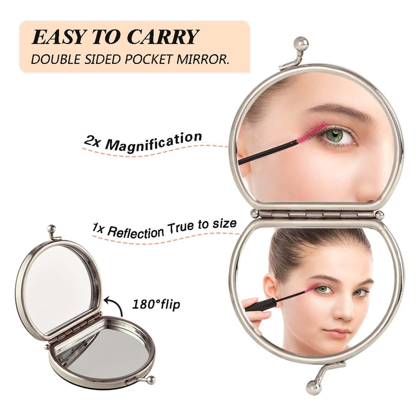 Poeticcity Seamless Golden Pineapples Hand Drawn Gold Pineapple Dots on Dark Compact Makeup Mirror, Twin-Sided Cosmetic Mirror with 2 x 1x Magnification, Buckle Folding Mini Pocket Portable Hand Mirror