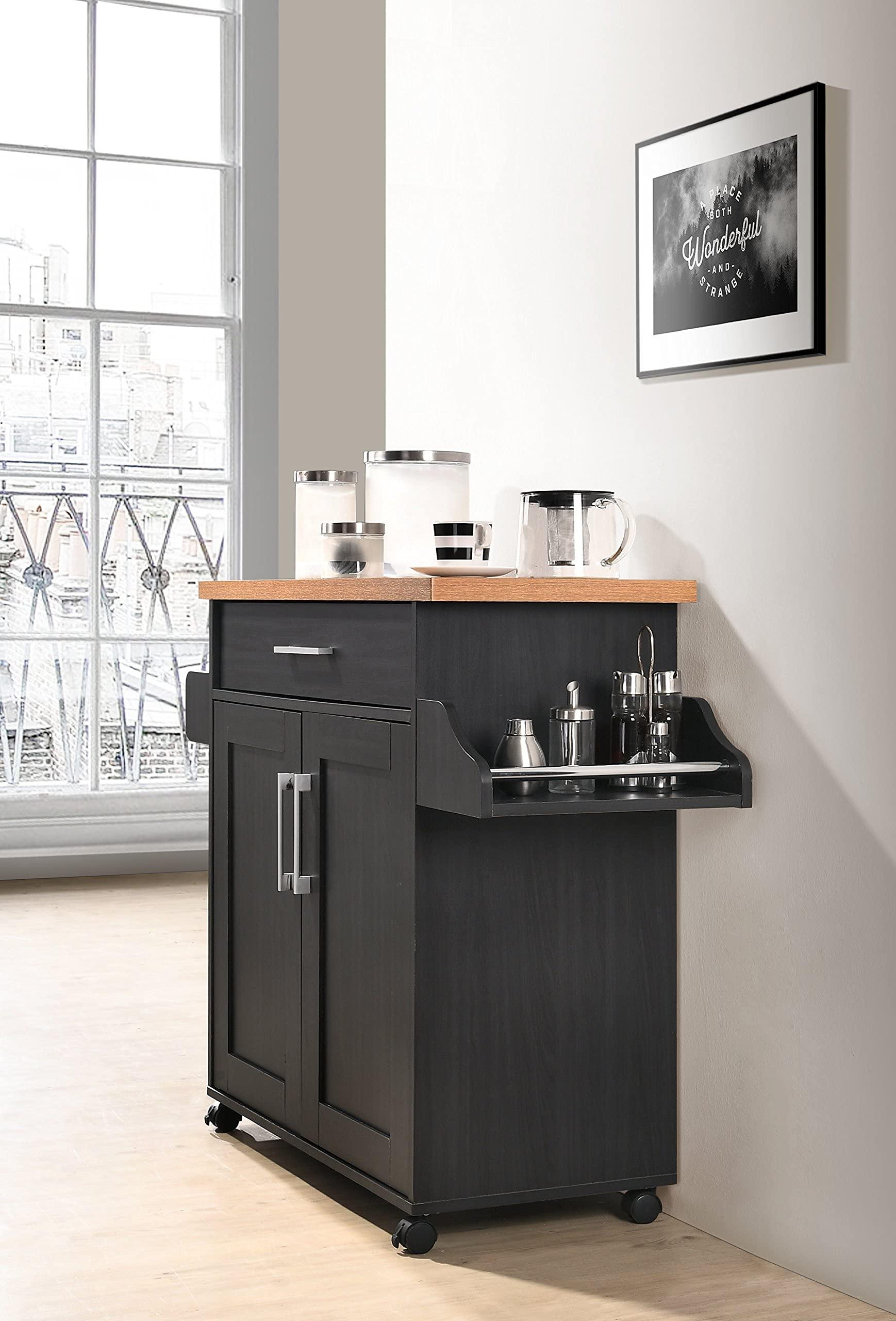 Hodedah Hodedah Kitchen Island with Spice Rack, Towel Rack & Drawer, Black with Beech Top