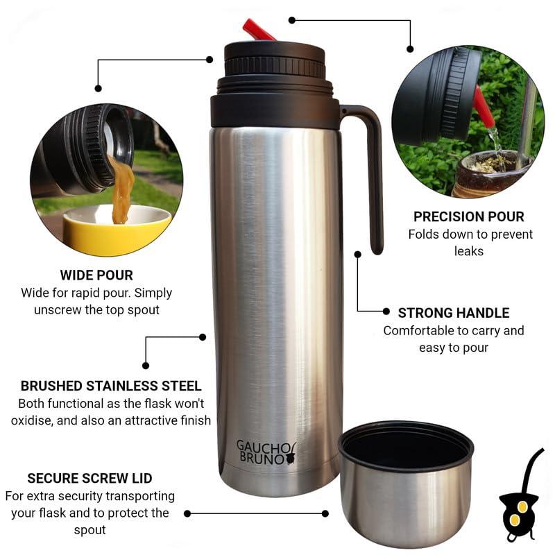 Gaucho Bruno Gaucho Bruno - Stainless Steel Mate to Drink Yerba Mate | Maintains Drink Temperature | Designed to Look Like a Natural Gourd | With Bombilla and 1 Litre Flask with Precision Pour Spout pico Cebador