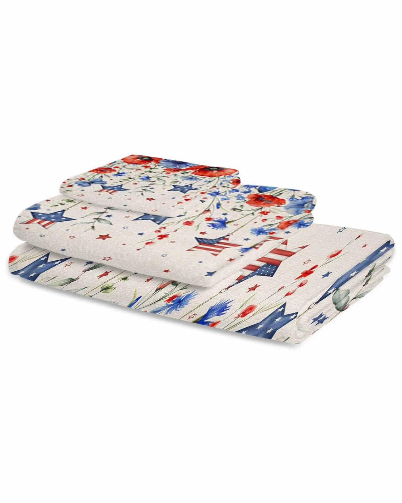 PIEPLE PIEPLE Patriotic Star Floral 3PCS Bath Towels Set, Super Soft Absorbent Bath Towel-Hand Towel-Washcloth, Luxury Beach Towel for Kitchen Shower Travel Vintage Independence Day Eucalyptus