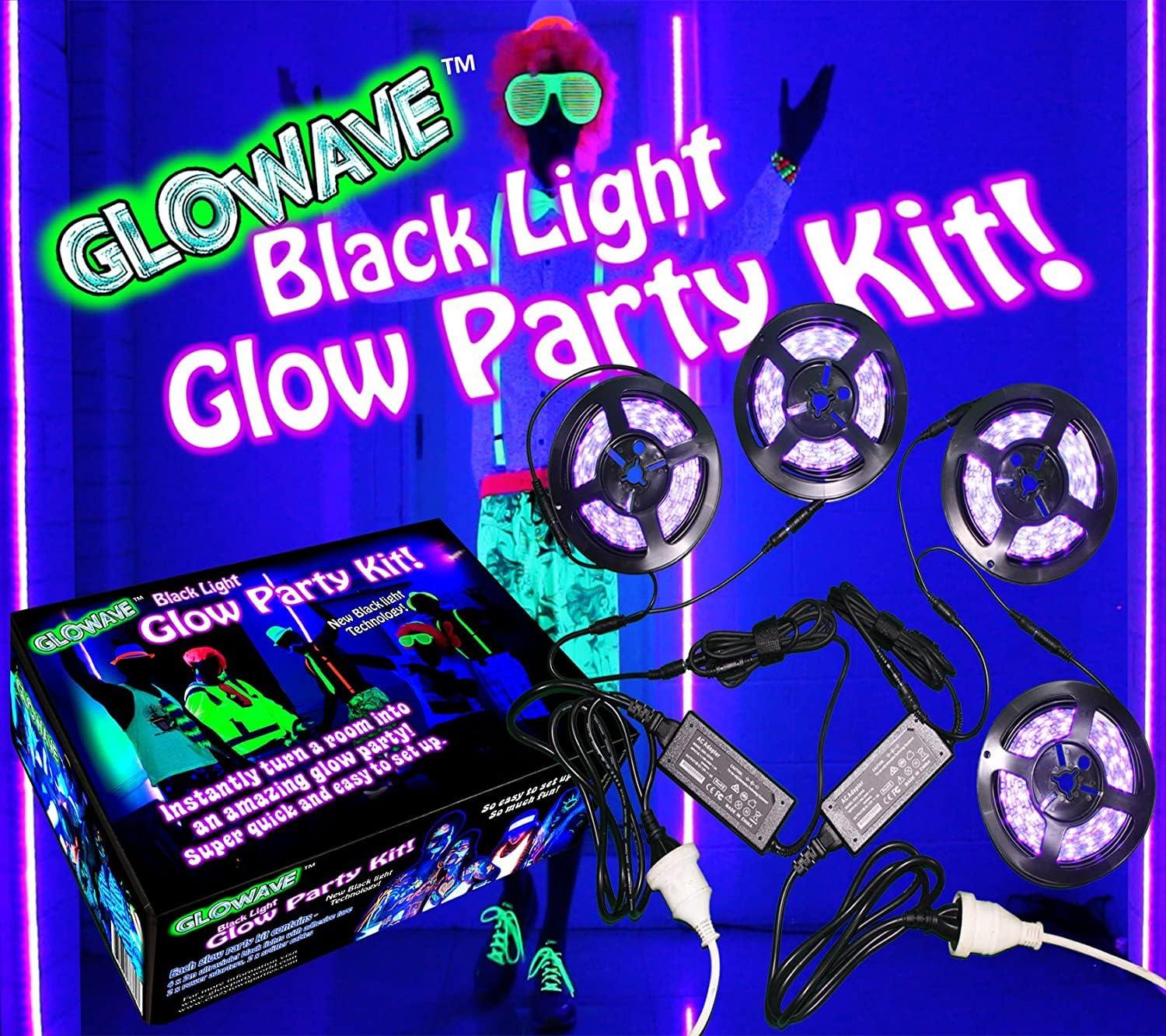 Glow Party World Black Lights for Glow Party! 115W Blacklight LED Strip kit. 4 UV Lights to Surround Your neon Party. Ultraviolet Lighting for Big Rooms. Easy Set up! Glow in The Dark Party Supplies. Fiesta Luz Negra