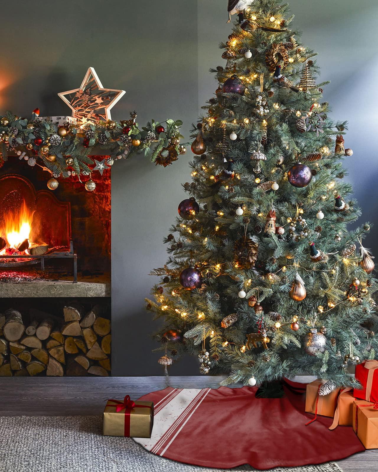 Edwiinsa Christmas Tree Skirt 48 Inches Large Christmas Skirt Tree, Christmas Red Tree Skirt Christmas Decorations for Fireplace Party Holidays Indoor Outdoor Luxurious Xmas Red White Striped