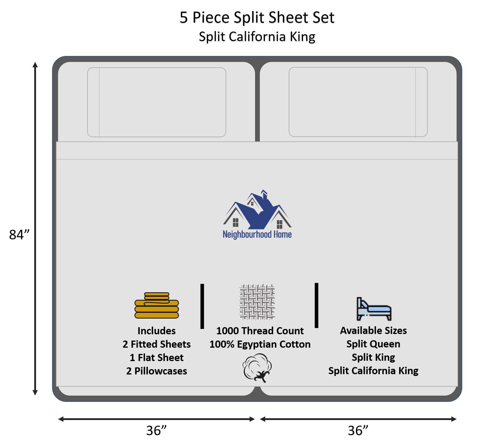 Neighbourhood Home Split California King Egyptian Cotton Sheets Sets for Adjustable Bed 18-Inches Extra Deep Pocket- 1000-Thread-Count, 100% Egyptian Cotton 5-PC Sheet Set Soft Breathable Sateen Weave - Light Grey