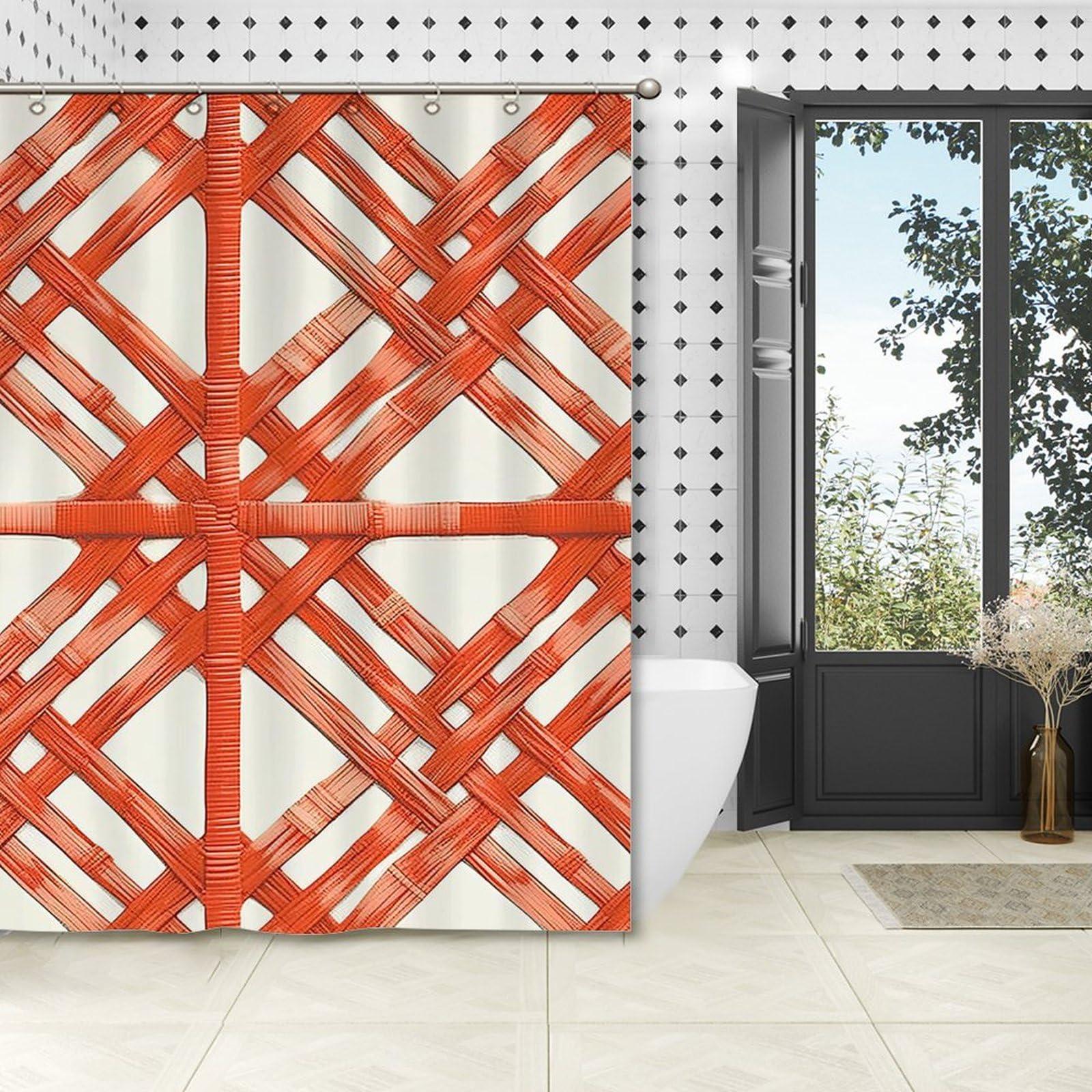 Yinrune Yinrune Orange Shower Curtains for Bathroom Coral Geometric Lattice Shower Curtains Boho Shower Curtain 60x72in Stall Shower Curtain Polyester Fabric Shower Curtain Set with Hooks