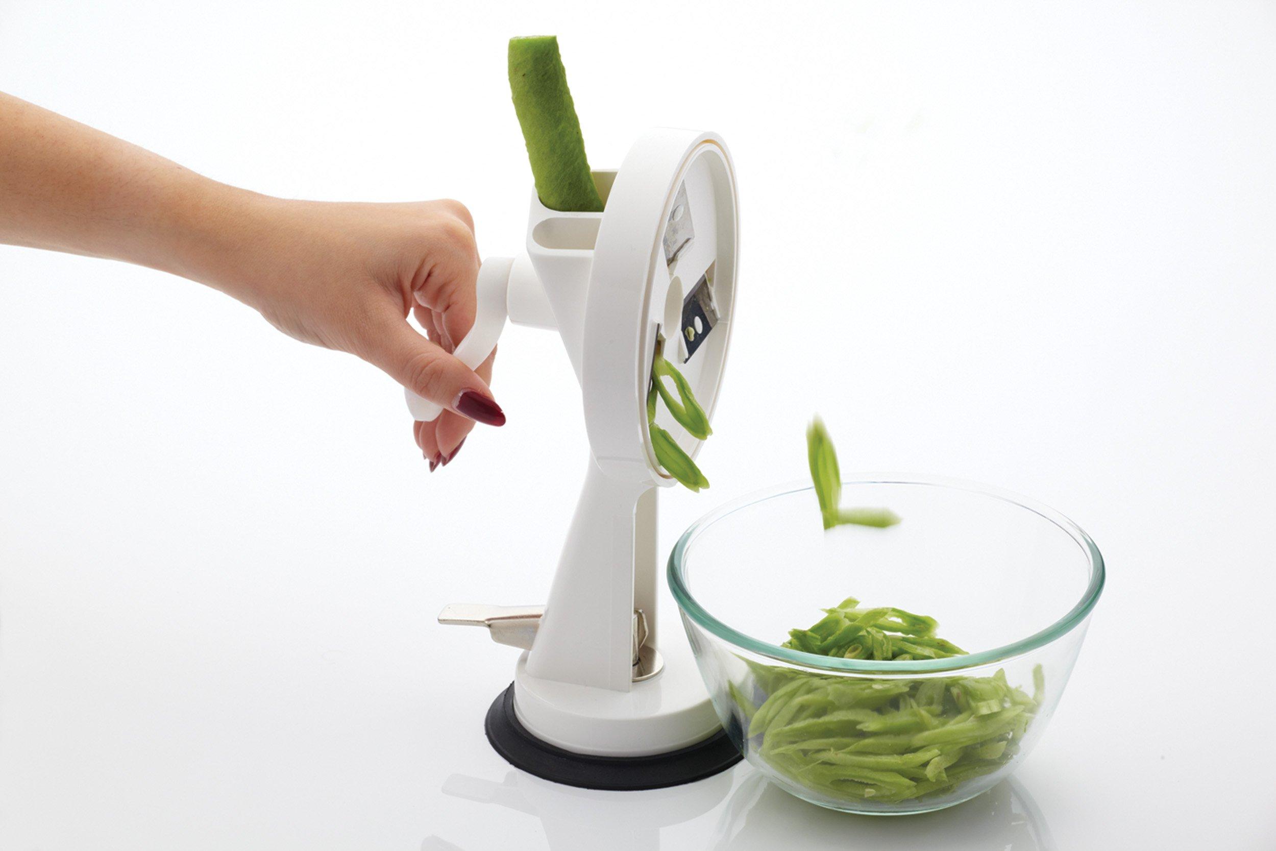 Kitchen Craft KitchenCraft Rotary Runner Bean Slicer 23cm with Suction Pad in Gift Box, Stainless Steel & plastic, White/Black