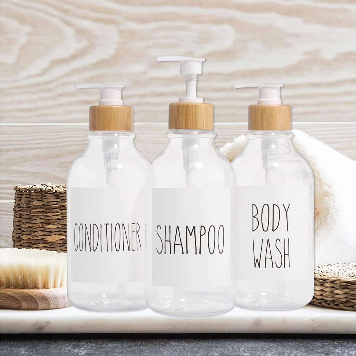 Basedidea Shampoo and Conditioner Dispenser-Set of 3-16 oz Reusable Pump Bottle Dispenser for Bathroom with 6 Waterproof Stickers - Empty Plastic Refillable Containers for Shower (Clear)