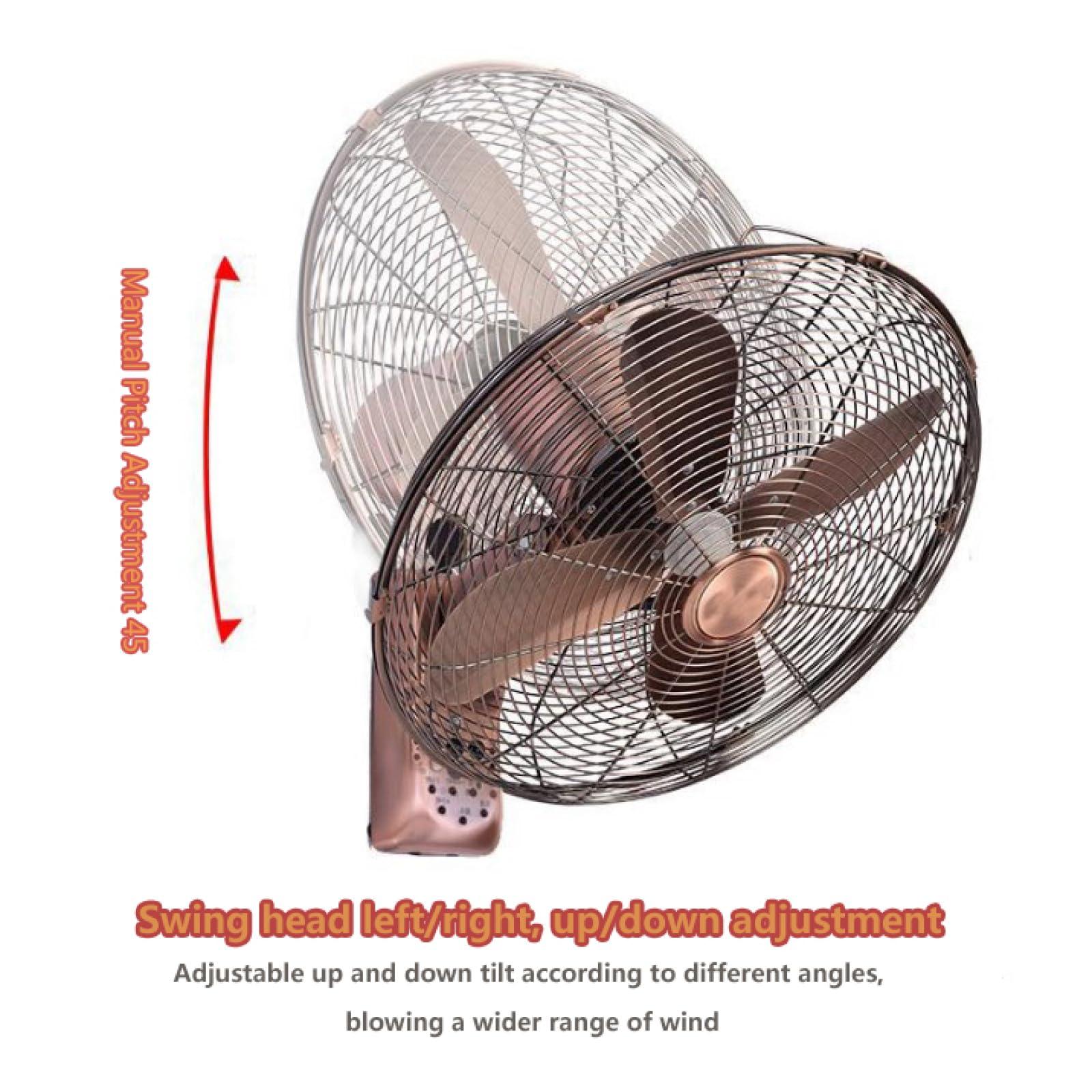 Topjia Metal Retro Wall Fan,3 Speed Mechanical / Remote Control Wall-mounted Fan,Left and right oscillating head wall mounted fan for Industrial,Commercial,Residential (18 inch, Red bronze remote control)