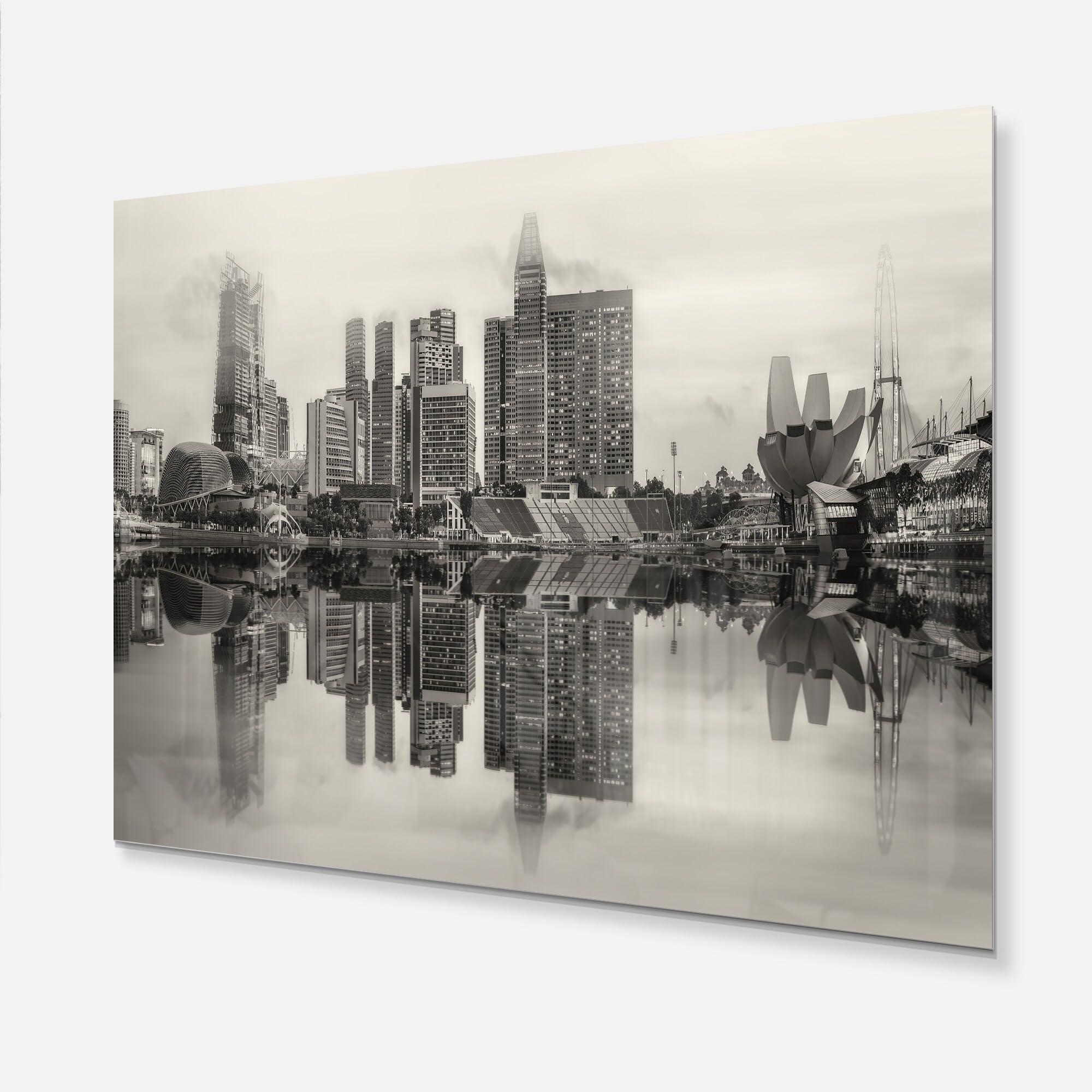 Design Art Design Art Singapore Skyline View Panorama Cityscape Metal Wall Art, 30\'\' H x 40\'\' W x 1\'\' D 1P, Black/White