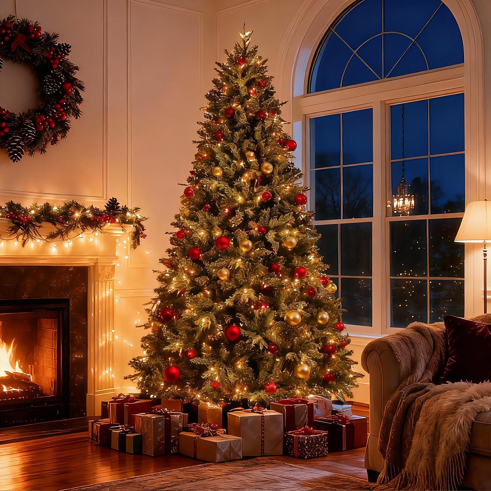 Treepool Treepool 9FT Pre-Lit Artificial Christmas Tree with 3658 PE&PVC Mixed Branch Tips, 850 Warm White Lights, Hinged Premium Spruce Fake Xmas Trees, Green, Foldable Base