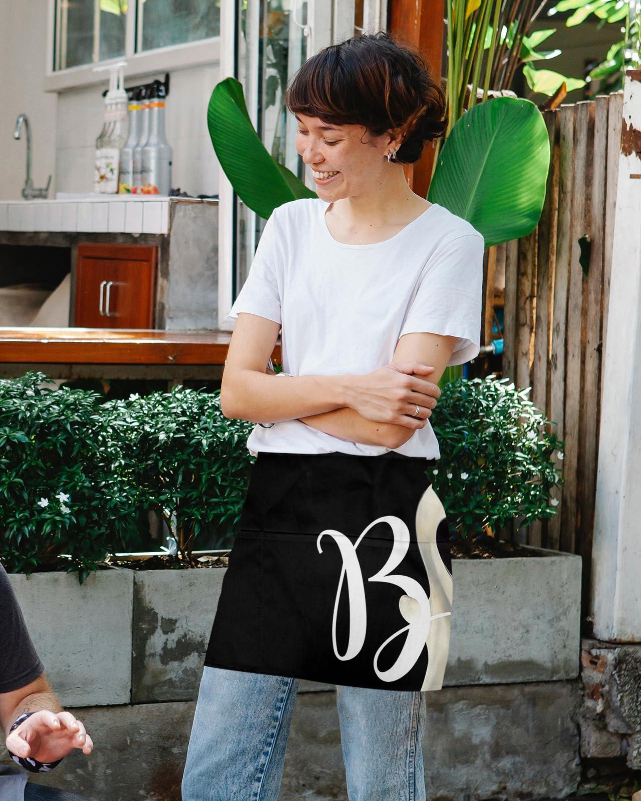 Anzona Halloween Server Aprons with 3 Pockets, White Boo Ghost Classic Black Waist Aprons for Women Men, Waitress Waiter Half Apron for Kitchen Chef Cooking