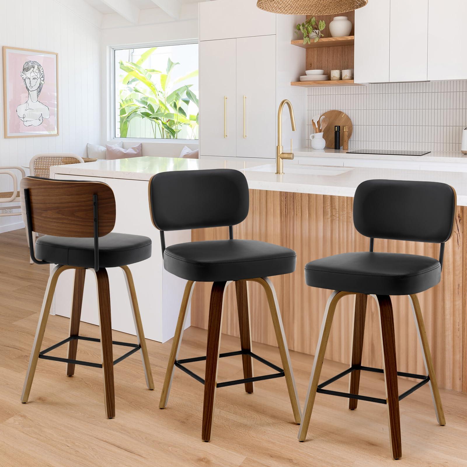 Bekrvio Bekrvio Swivel Counter Height Bar Stools Set of 3, 26\" Upholstered Faux Leather Barstools with Back and Bent Wood Legs, Mid Century Modern Bar Chair Island Stool for Kitchen Counter, Black