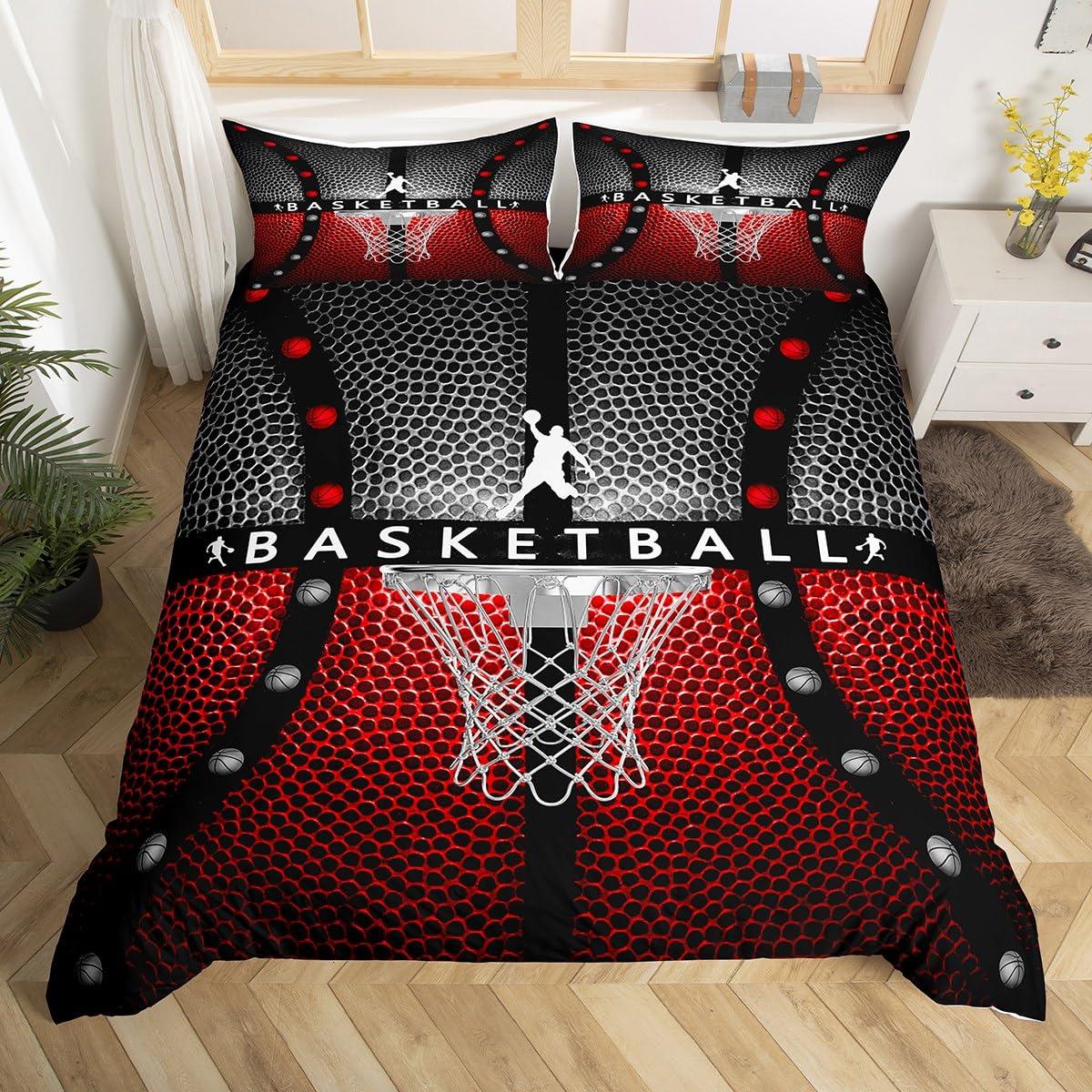 Feelyou Basketball Comforter Cover Full Size Basketball Gaming Duvet Cover Basketball Frame Black with Red Bedding Set for Kids Boys Girls Sports Game Bedspread Cover Lightweight Bedclothes (No Comforter)