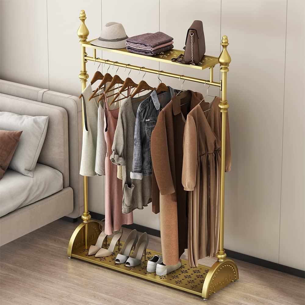 MAIKAILUN Clothing Rack Gold, Industrial Clothes Rack for hanging Clothes with Double Shelves Freestanding Multi-functional Heavy Duty Garment Rack, Metal Movable Portable Coat Rack for Organizing Clothes Shoes