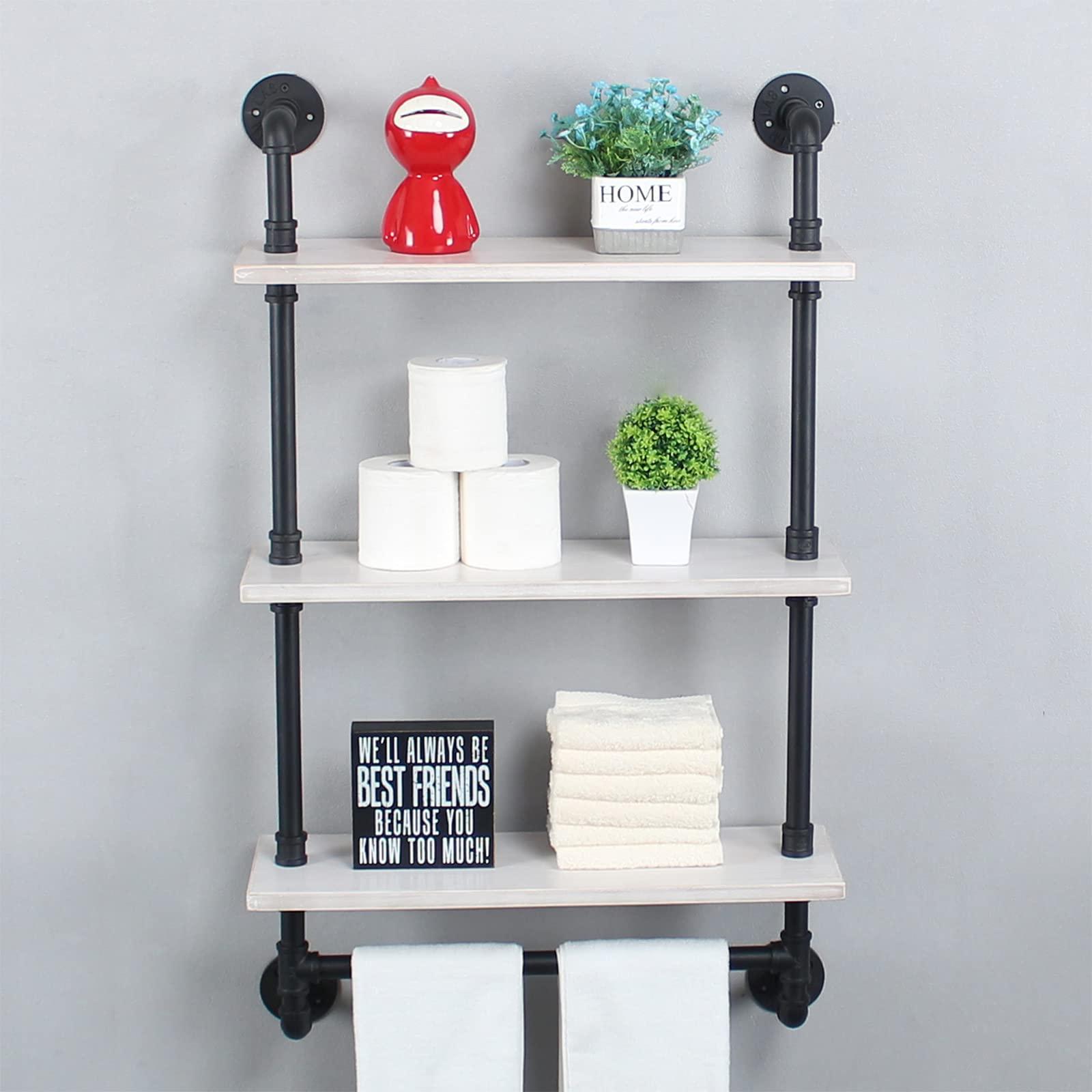 MBQQ Industrial Pipe Shelving,Iron Pipe Shelves Industrial Bathroom Shelves with Towel bar,24in Rustic Metal Pipe Floating Shelves Pipe Wall Shelf,3 Tier Industrial Shelf Wall Mounted,Black & White