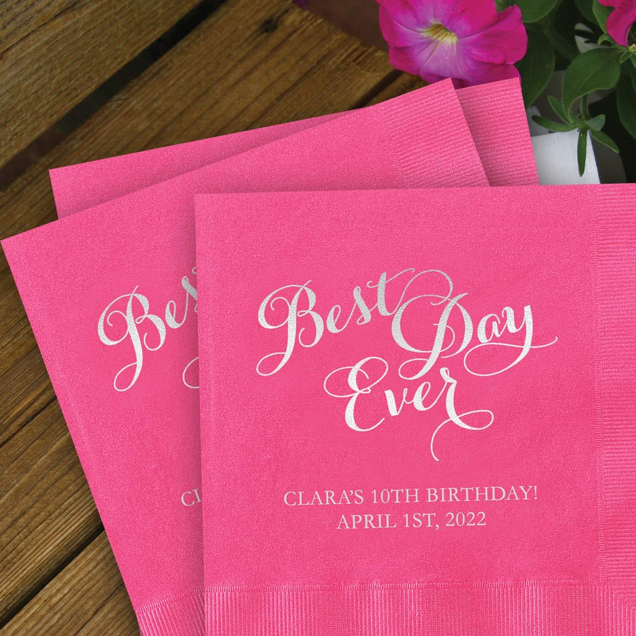 Canopy Street Best Day Ever Personalized Luncheon Napkins - Canopy Street 6 1/2\" x 6 1/2\" Dinner Napkins / 100 Custom Printed Hot Pink Paper Napkins With Choice Of Foil