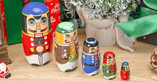 AMOR PRESENT AMOR PRESENT Nutcracker Nesting Doll, 5Pcs Russian Matryoshka Dolls Christmas Nutcracker Figures Handmade Wooden Nutcracker Set