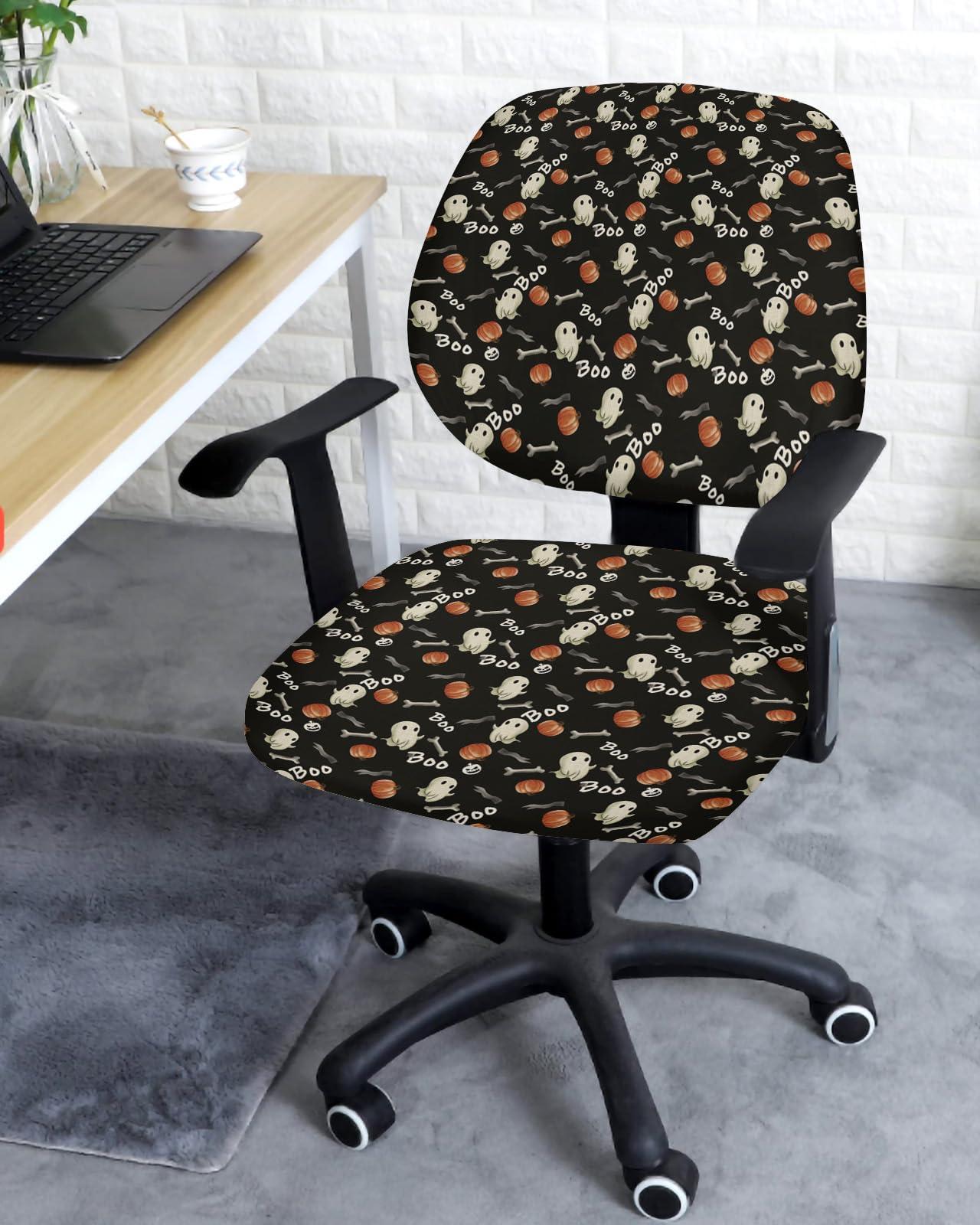 Jolunifun Jolunifun Halloween Office Chair Covers Stretchable 2 Piece, Soft Decorative Computer Desk Chair Cover Protector Universal Rotating Chair Slipcover Black Skeleton Ghost-Boo Fall Pumpkin