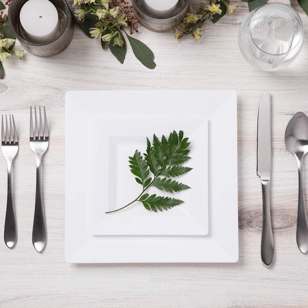Aya's Cutlery Kingdom Aya\'s 60ct White Square Disposable Plates - Heavy Duty Plastic Party Plates for Christmas, Thanksgiving (30 Dinner & 30 Salad)