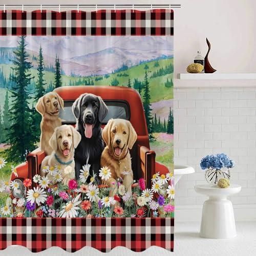 JEJOMEAG JEJOMEAG Dog Shower Curtain Cute Farmhouse Animals Retro Red Truck Rustic Daisy Floral Spring Country Fabric Bathroom Curtain with Hooks, 67x70 Inch