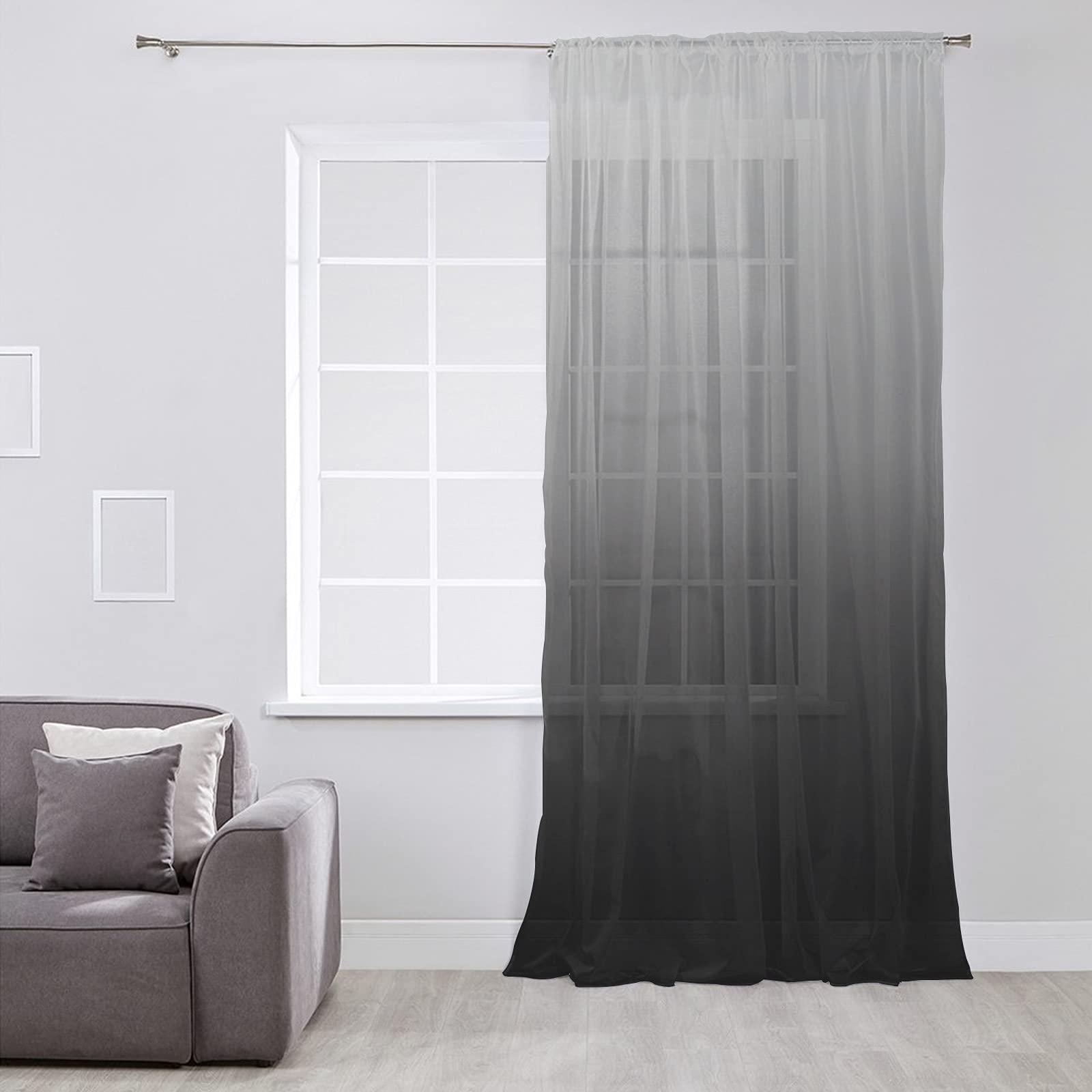 Sunteeny Ombre Sheer Curtains 45 inches Long for Bedroom Living Room Panel Gray Black Gradient Pattern Rod Pocket Voile Curtain Light Filter Window Treatments Net Drapes for Kitchen/Sliding Door 52x45in