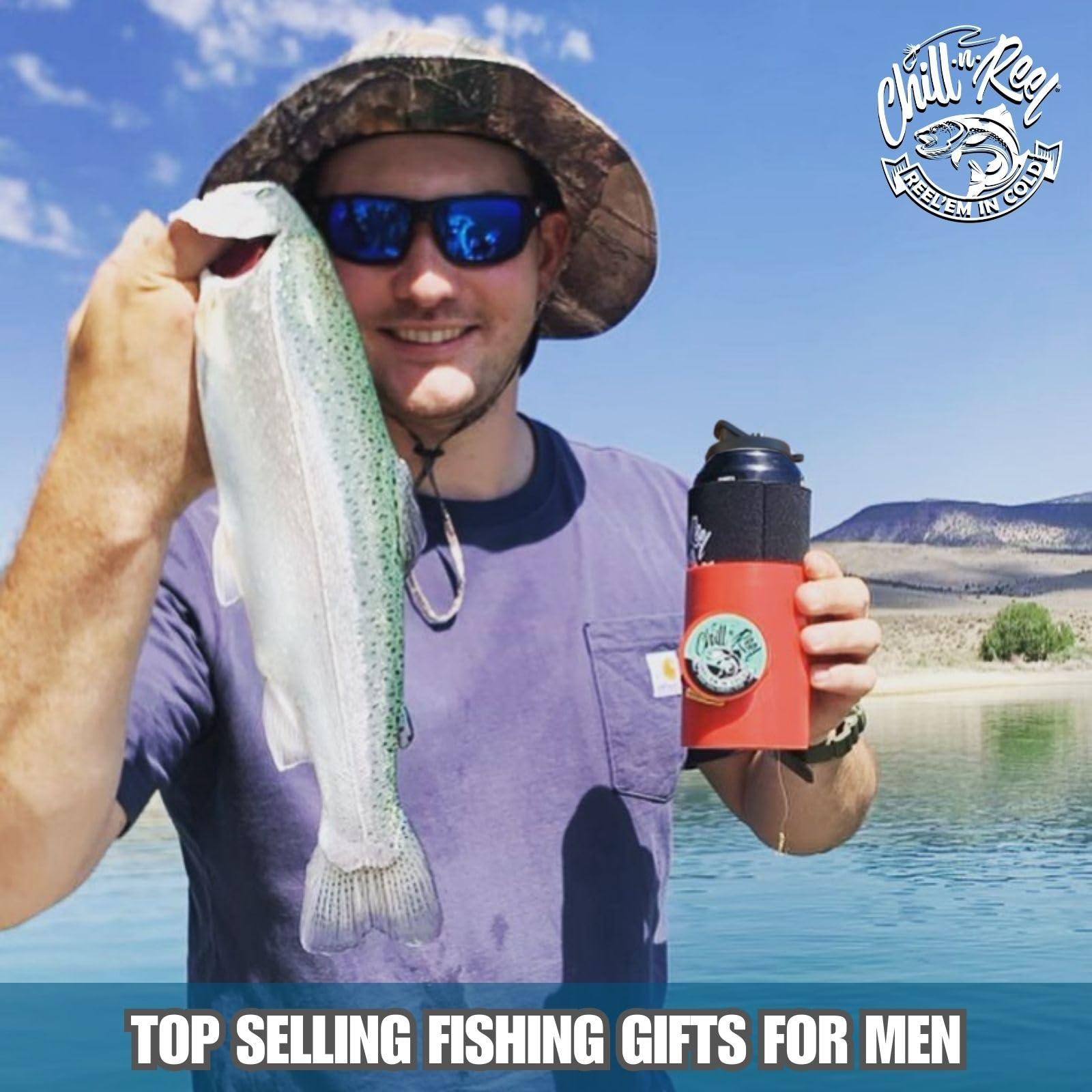 Chill-N-Reel Chill-N-Reel Fishing Can Cooler (from Shark Tank) | Hard Shell Drink Holder with Hand Line Reel Attached | Fits Standard Insulator Sleeves or Coozies | Unique Fun Fishing Gift (Crimson & Spill Guard)