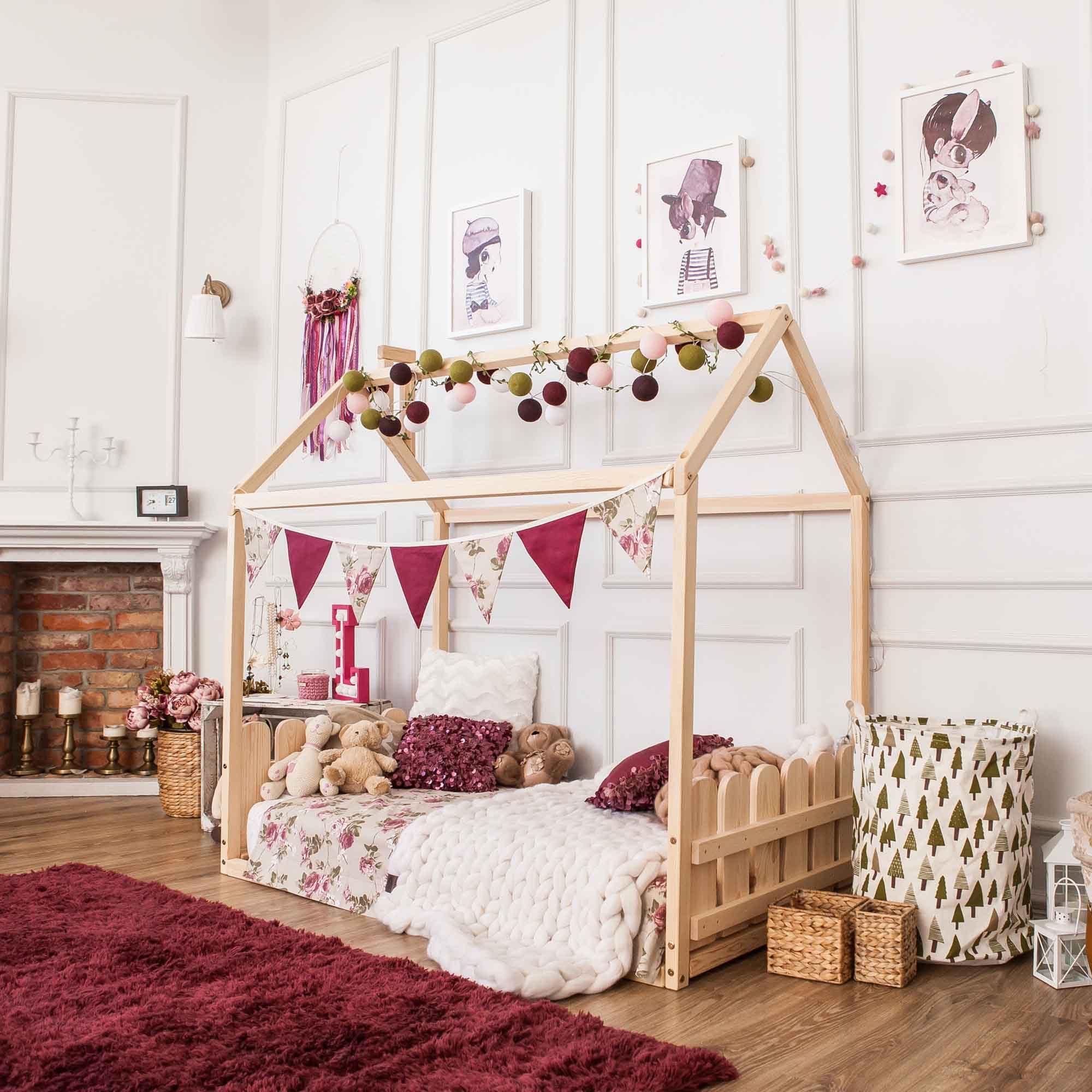 Sweet Home From Wood Montessori house bed with rails, Montessori toddler house bed frame, Toddler floor level bed with rails