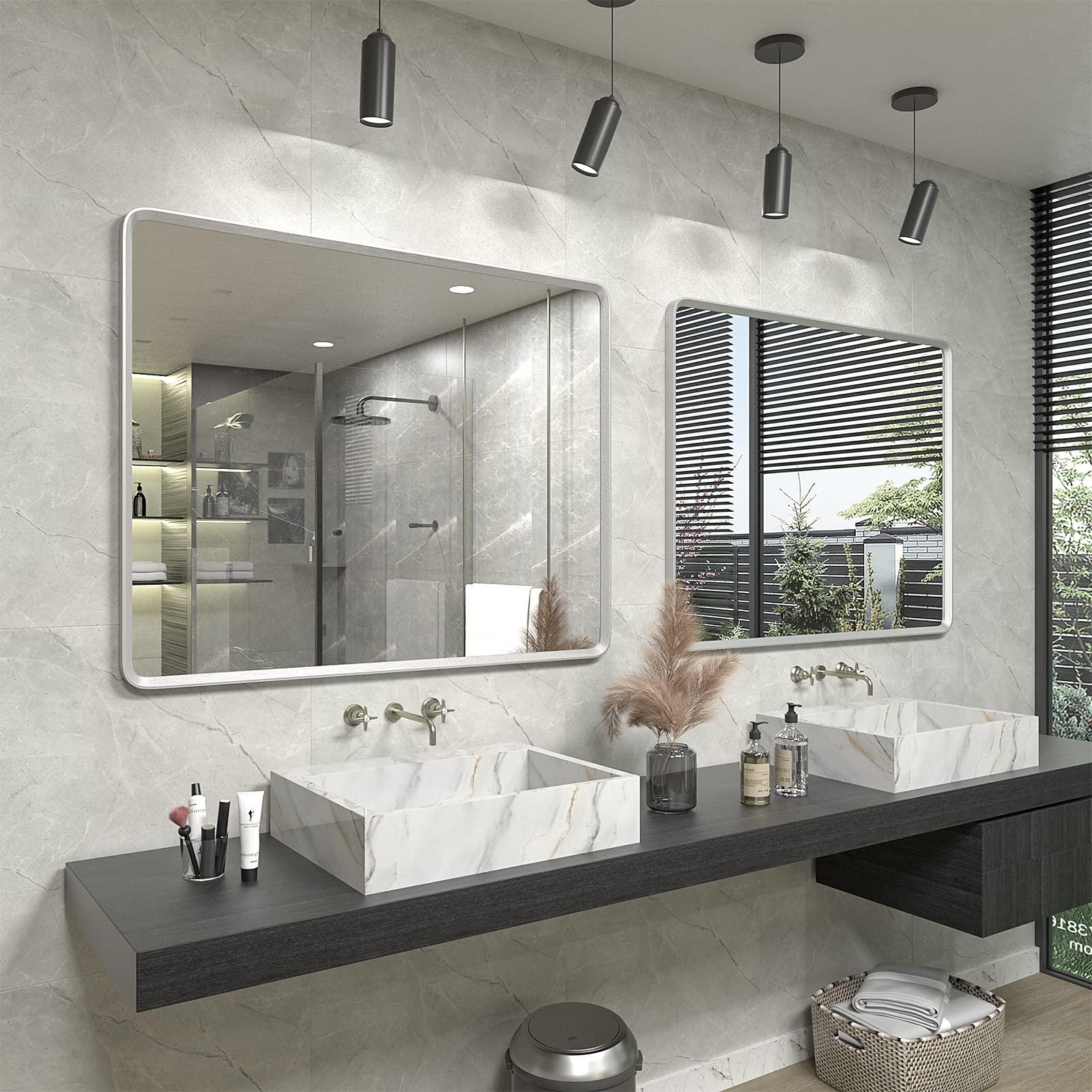 GOLOMO GOLOMO 48x36 Inch Silver Bathroom Mirror for Wall, Silver Metal Framed Bathroom Vanity Mirror, Modern Rounded Rectangle Mirror, Shatterproof, Anti-Rust (Horizontal/Vertical)