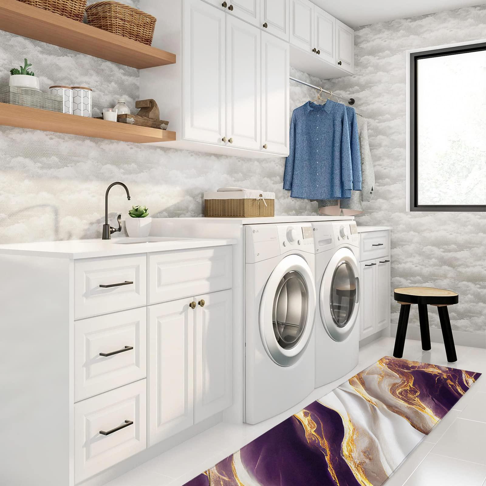 Shine-Home Marble Purple Kitchen Rug, Abstract Gold White Modern Art Washable Bath Shower Door Welcome Runner Area Rug Mat Carpet for Bedroom Bathroom Living Room Accent Throw Desk Rug, 20x47