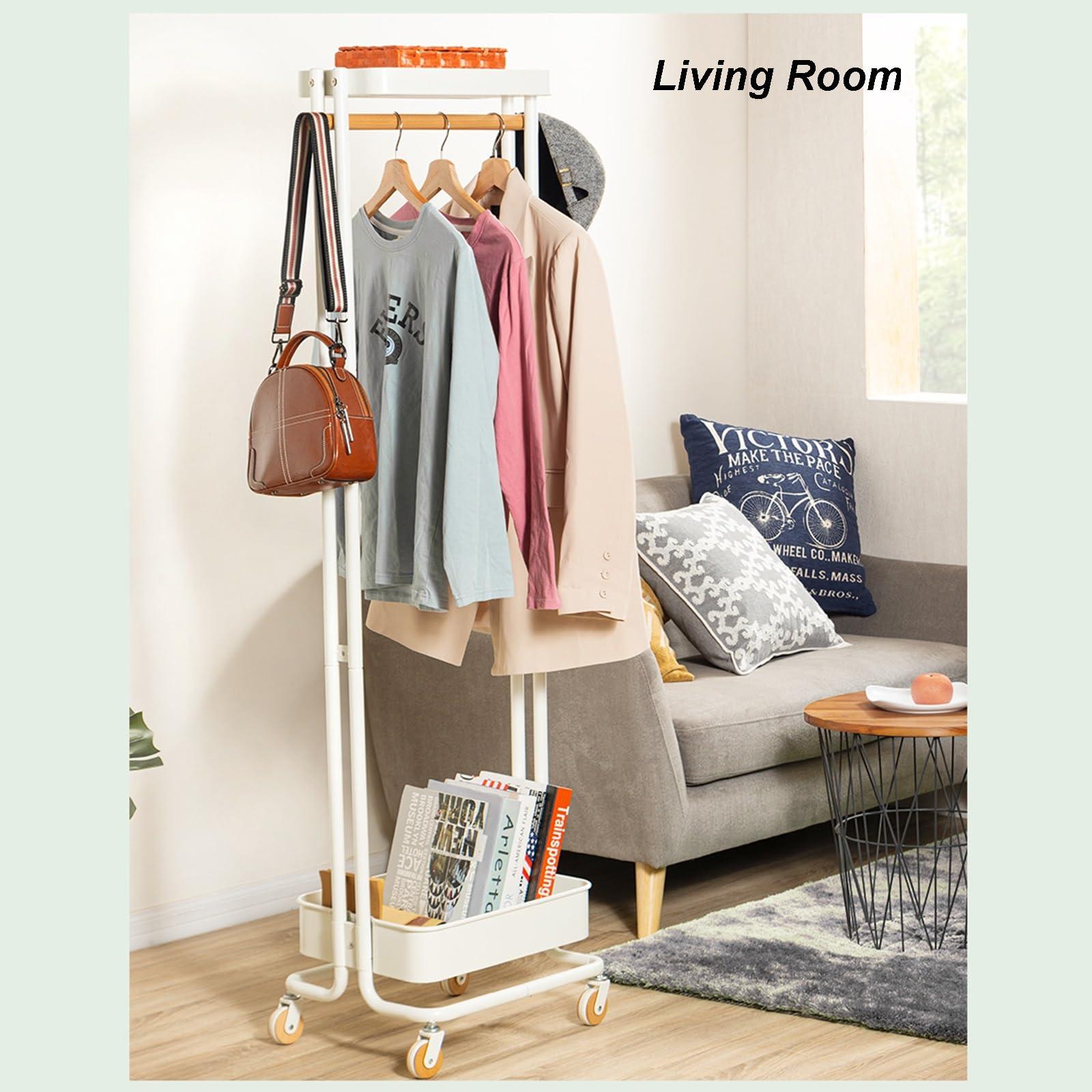GeRRiT GeRRiT Metal Clothes Rack Vertical Hanging Clothing Rack Movable With Pulleys Coat Rack Floor-Standing Storage Racks With Double Storage Basket For Bedroom Living Room Entrance (Color : White)