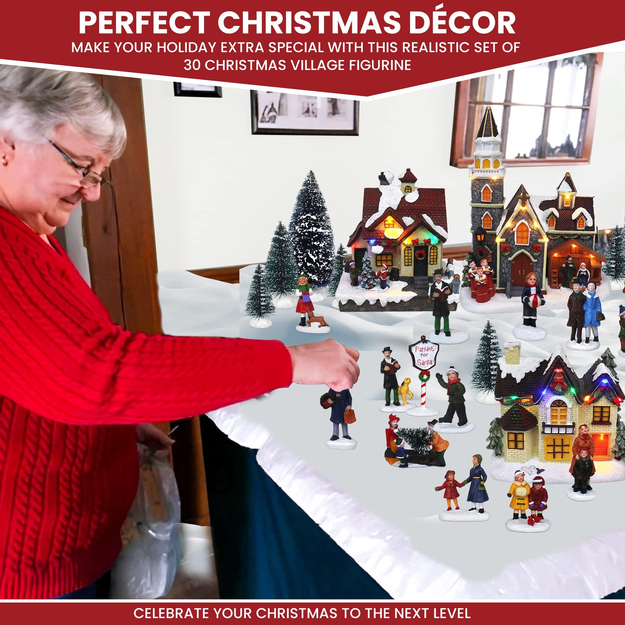 Top Treasures 30 Piece Christmas Village Decoration Set & 12 Piece Snow Village Set - Complete Decoration Includes Figurines and Houses - Perfect Addition to Your Christmas Indoor Decorations - Bundle