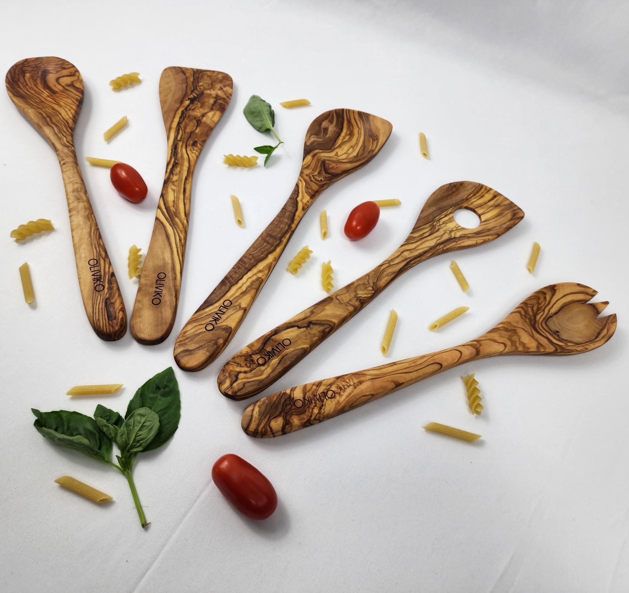 OLIVIKO OLIVIKO 100% Handmade Olive Wood Utensils Kit of 5 Utensils and Holder + Salad serving set + 1 Spatula + 2 Spoon Olive Wood