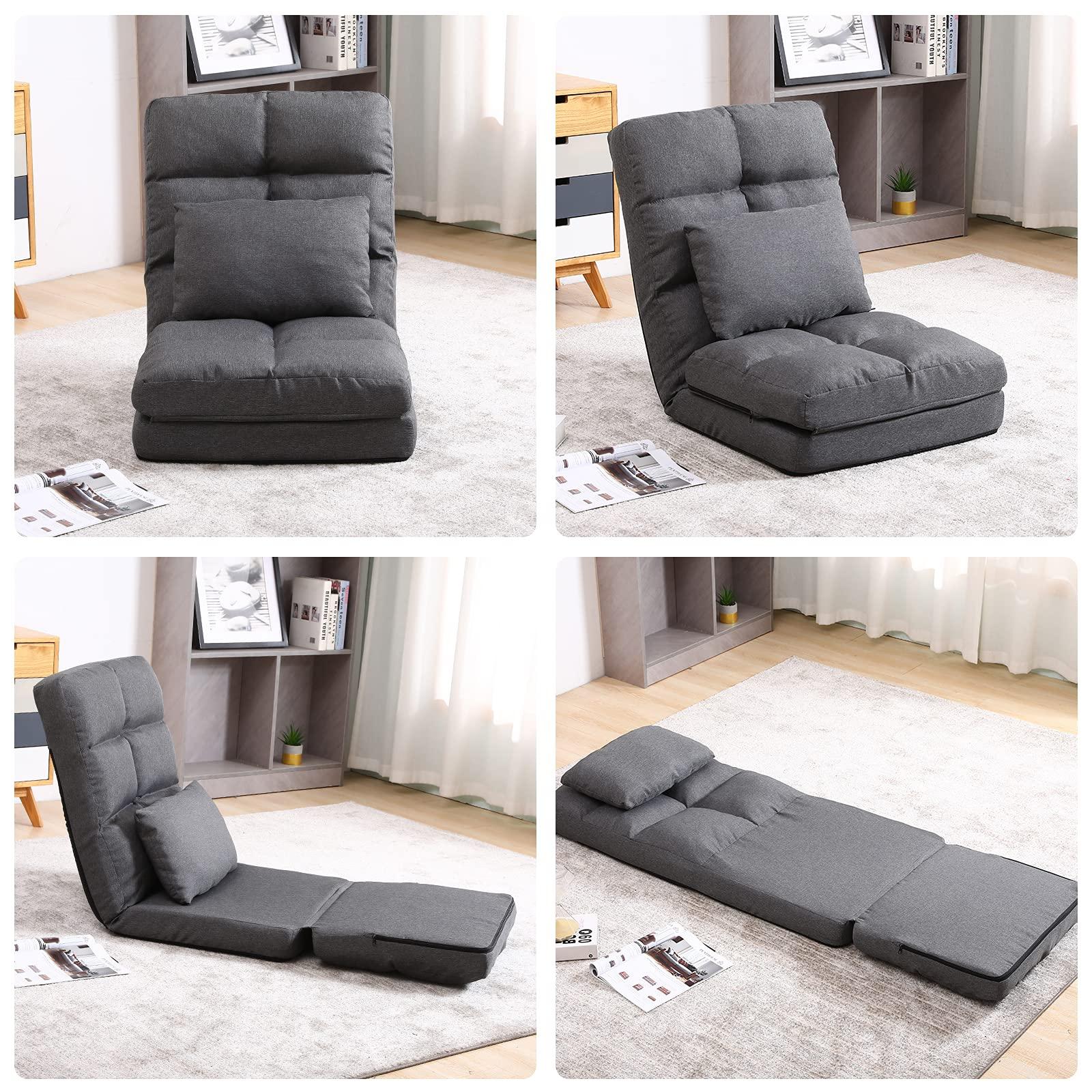 FLOGUOR FLOGUOR Chaise Lounge Indoor, 14-Position Floor Chair with Padded Pillow for Adults Kids, Folding Lazy Sofa Chair for Living Room, Bedroom, for Gaming Reading 8823GR