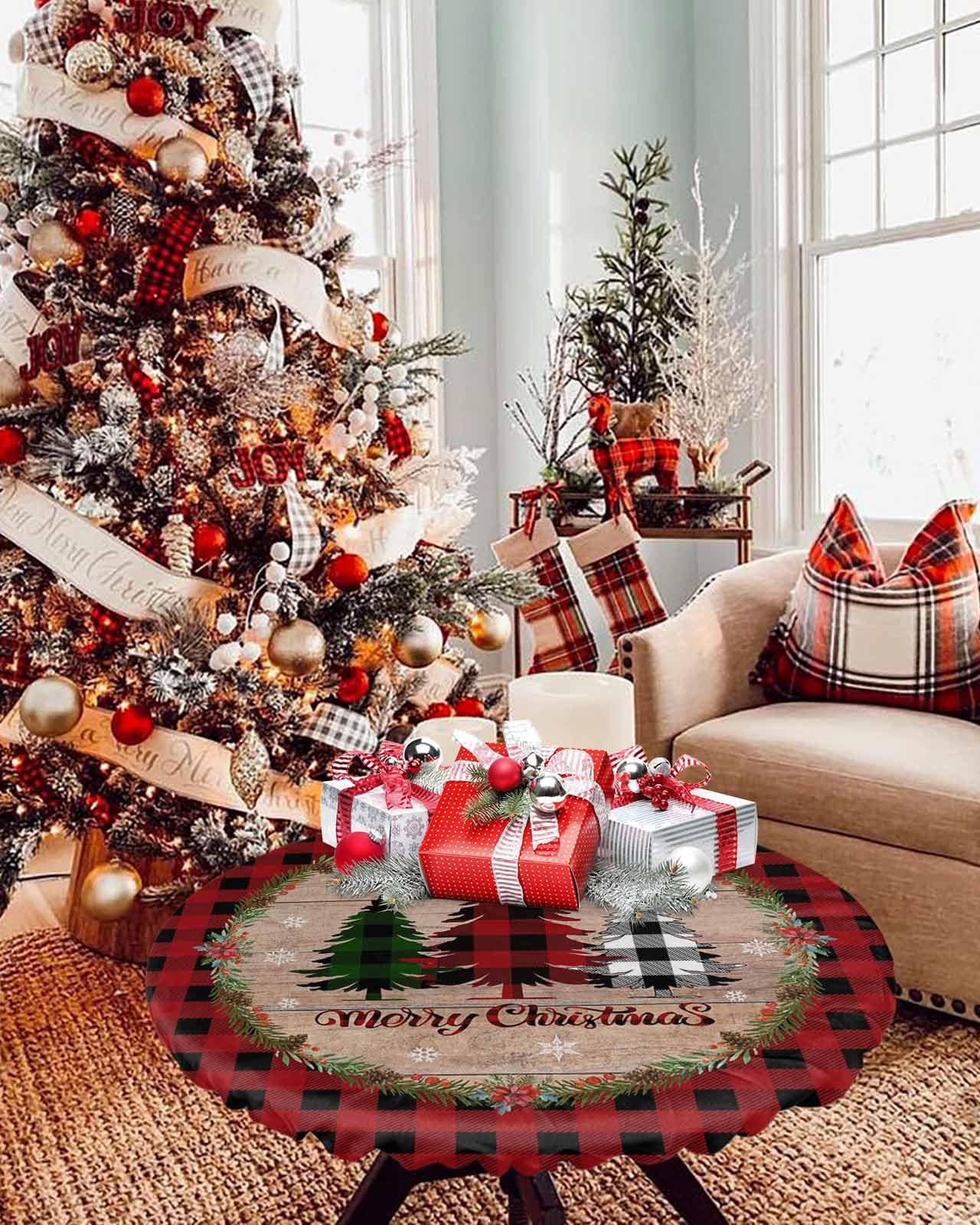 Home L6 Christmas Tree Round Fitted Tablecloth with Elastic Buffalo Plaid Pine Tree Tablecloths Holly Wood Grain Table Cover for Kitchen Dinner Xmas Holiday Party Picnic Fits Tables up to 55\"- 60\" Diameter