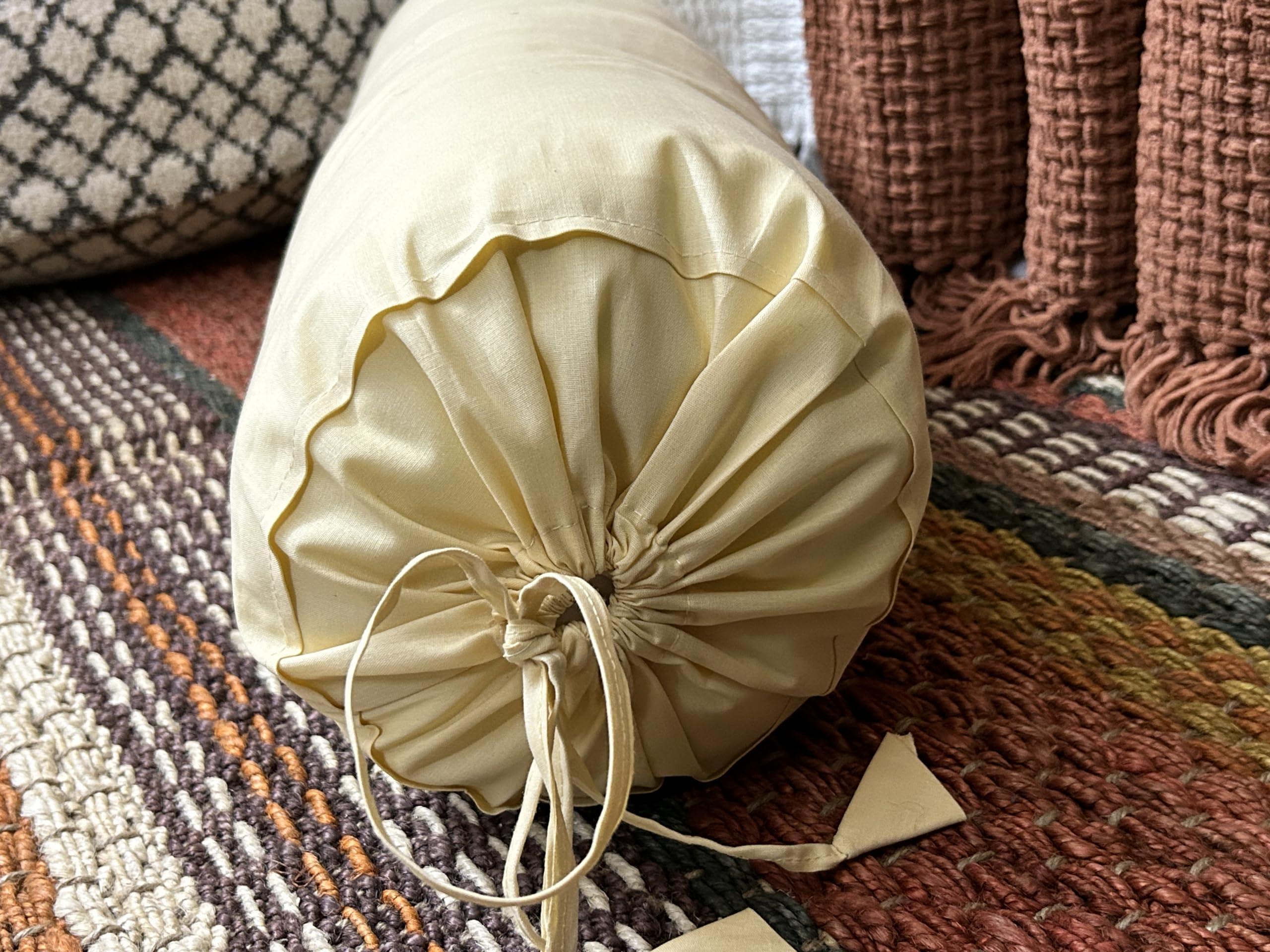 SAFFRON HANDICRAFTS SAFFRON HANDICRAFTS 2 Pcs Cervical Neck Roll Pillow Cover with Drawstring closures Round Neck Roll Pillow Case cotton Bolster Pillowcases for Cylindrical Cushion (Beige, 6 x13 inch (15x33 cm))