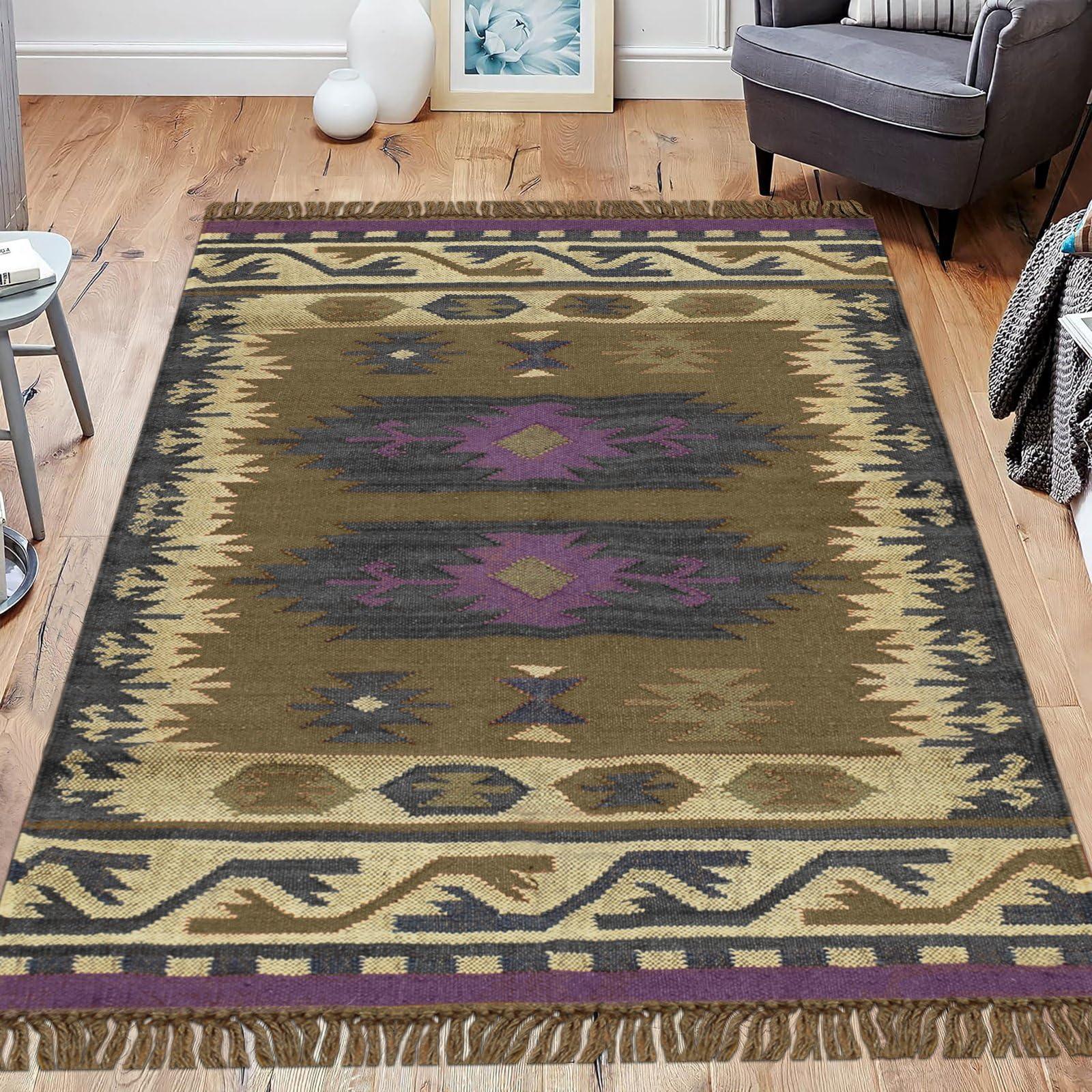CASAVANI CASAVANI Kilim Rug 7x7' Square Large Area Rug - Hand Woven Wool Jute Rug Grayish Brown & Gray Flatweave Rug for Indoor/Outdoor Use Ideal High Traffic Area Bedroom Kitchen Dining Room