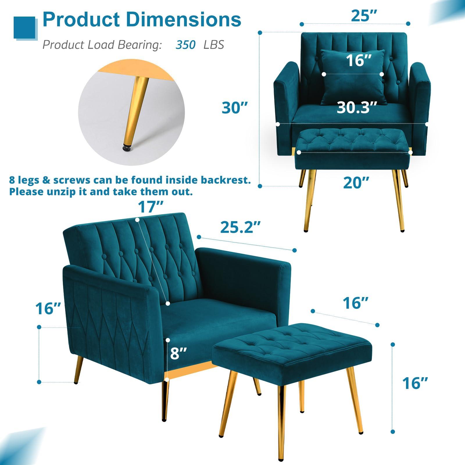 ACMEASE ACMEASE 2 Pieces Velvet Sofa Set with Adjustable Armrest and Backrest, 70 Convertible Futon Sofa Bed & Mordern Accent Chair with Ottoman for Living room, Bedroom, Teal