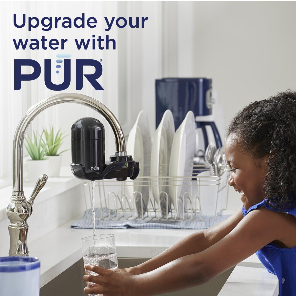 PUR PUR Vertical Faucet Mount Water Filtration System with Lead Reducing Filter for Cleaner, Filtered Tap Water, Lasts 100 Gallons, Sink Water Filter, Fits Most Kitchen or Bathroom Faucets, Black