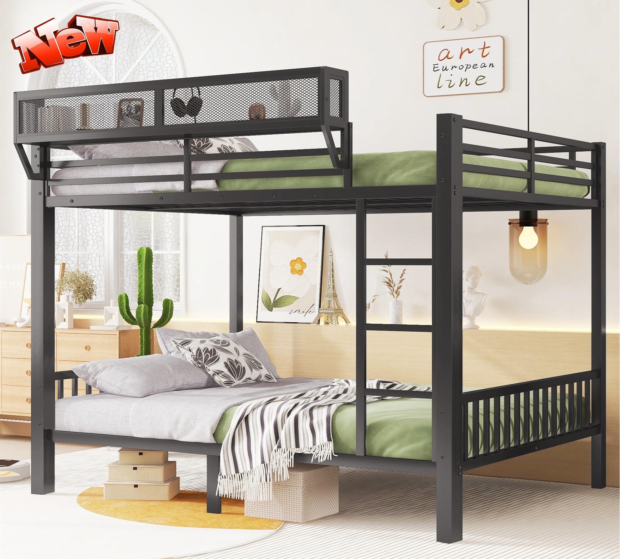 SIGONE SIGONE Stronger and Safer Metal Steel Bunk Bed Frame Queen Over Queen Size, Heavy Duty More Stable Thickened Black Metal Bunk Queen Bed (Easier to Assemble) (Queen Over Queen)