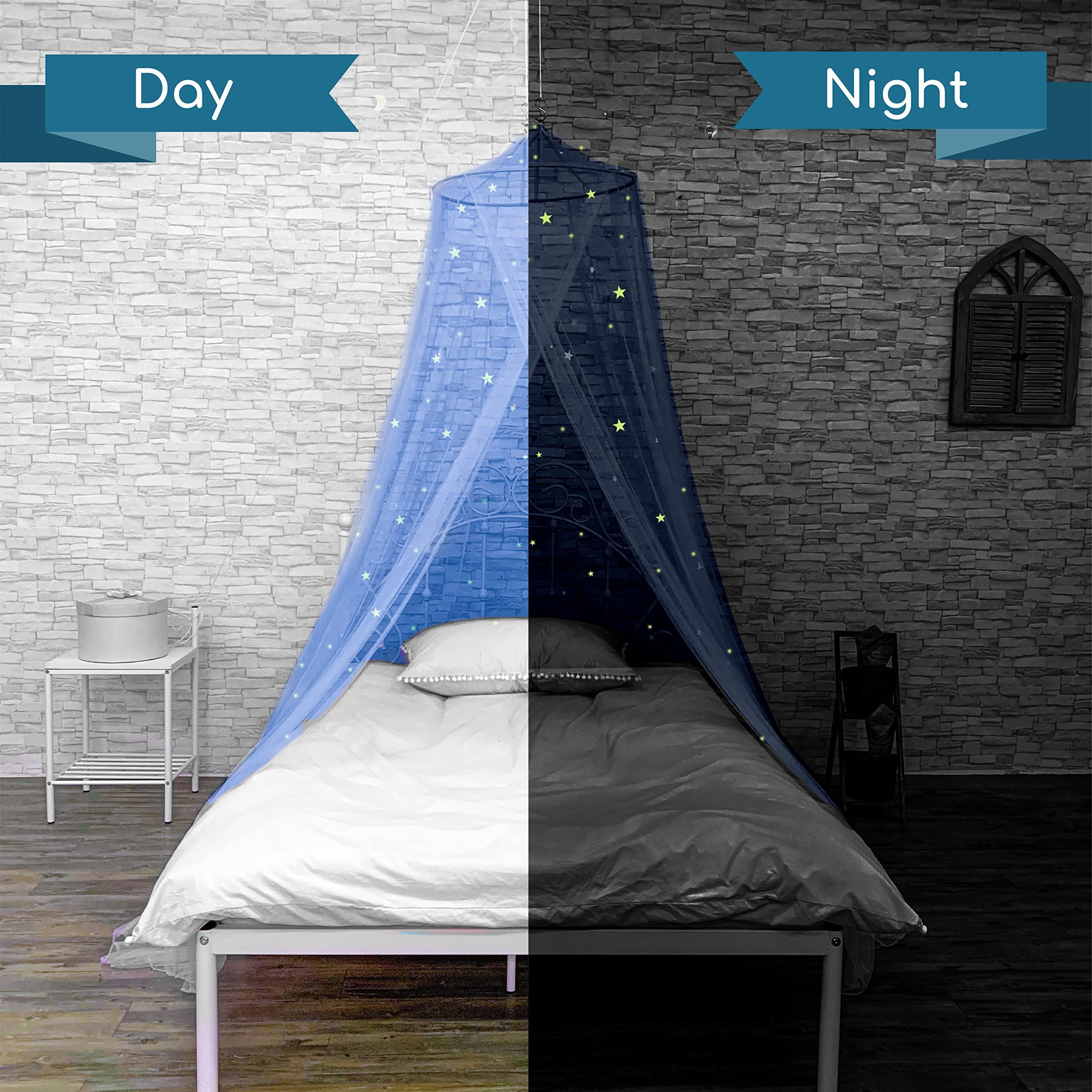 Bollepo Blue Canopy Bed, Blue Bed Canopy with Glow in The Dark Stars for Girls, Boys, Kids and Babies, Net Use to Cover The Baby, Kid Bed, Girls Bed Or Full Size Bed, Fire Retardant Fabric