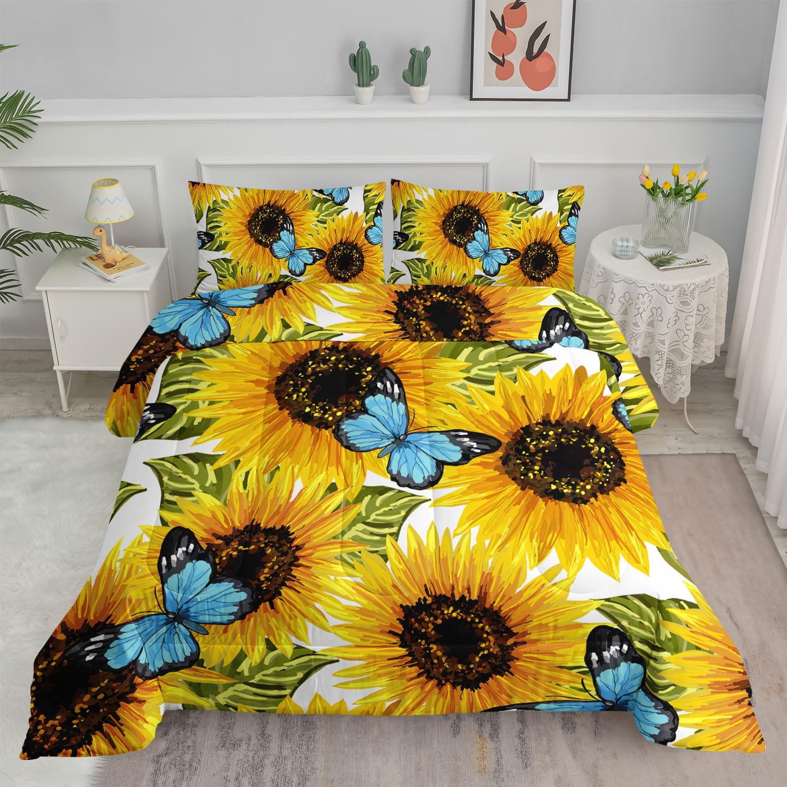 Axolotl Axolotl Sunflower Bedding Set Full,Yellow Sunflowers Comforter Set,Butterfly Bedding Blue Butterflies,Flower Bedding Set,Summer Floral Comforter Set for Girls Kids Teens Adults,1 Quilt 2 Pillowcases