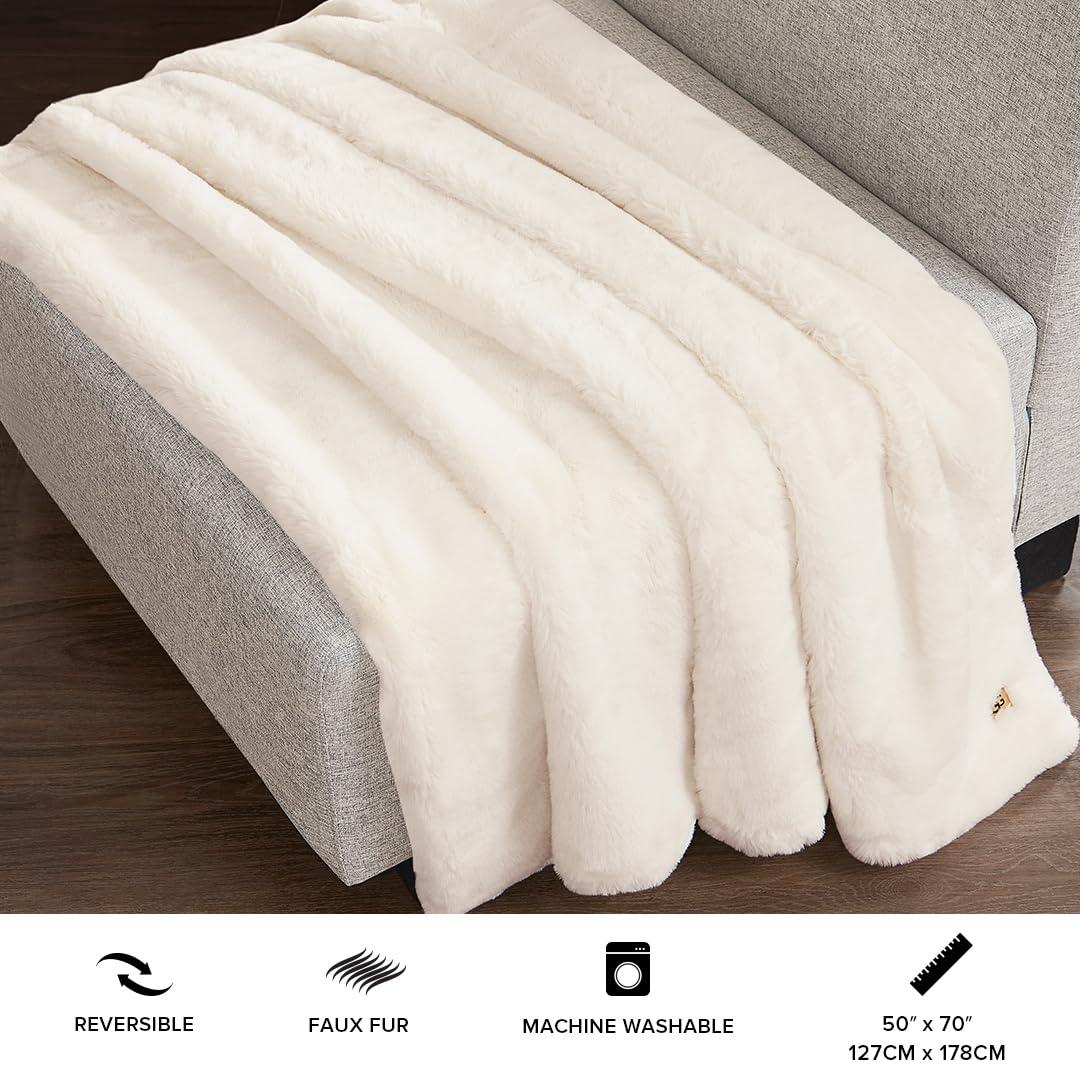 UGG UGG 16796 Euphoria Plush Faux Fur Reversible Throw Blanket for Couch or Bed Luxury Hotel Style Machine Washable Soft Cozy Home Decor Fuzzy Fluffy Sofa Blanket, 70 x 50-Inch, Snow