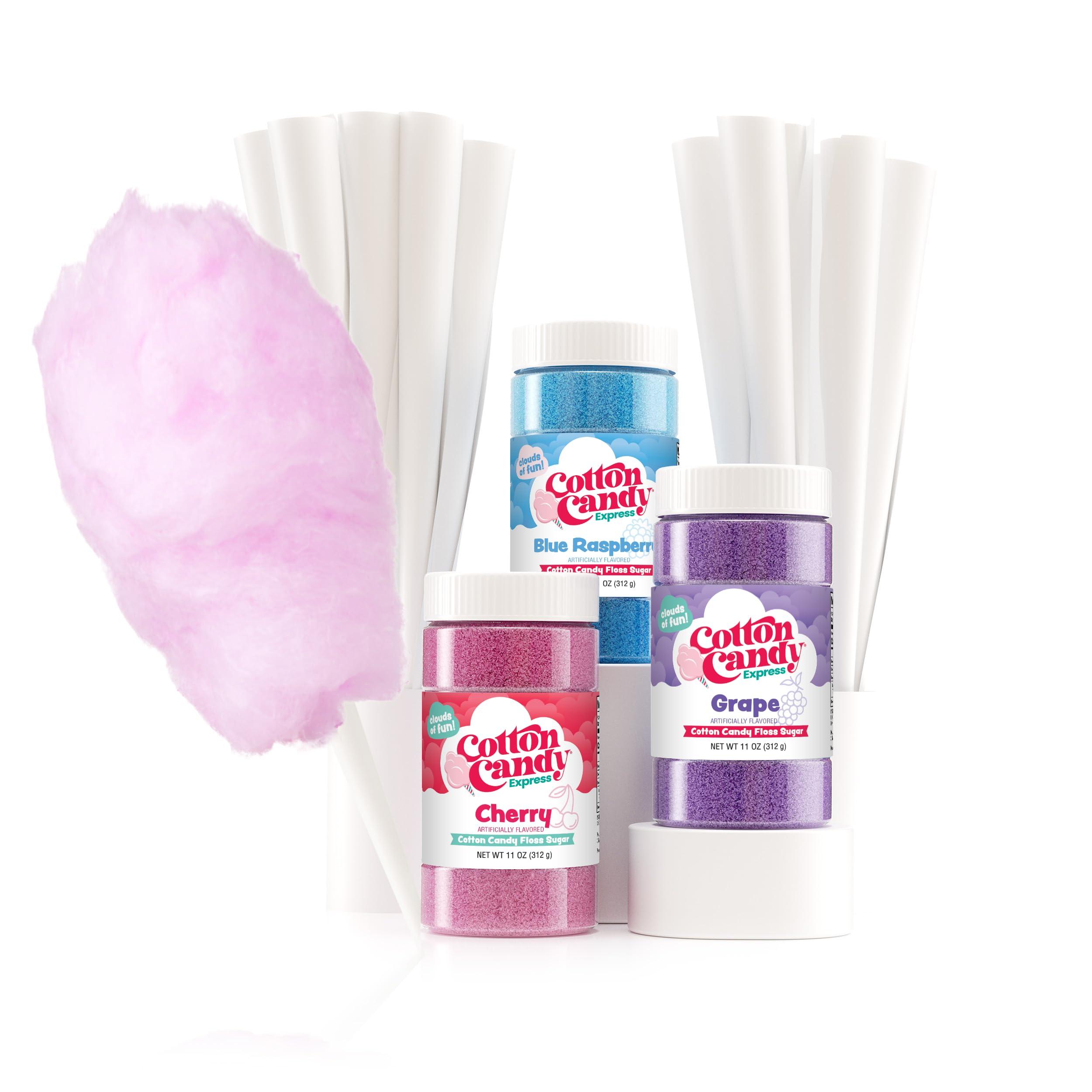 Cotton Candy Express Cotton Candy Express 3 Flavor Fun Pack and Pink Cotton Candy Maker Bundle Featuring 50 cones and Floss Sugar Flavors - Cherry, Grape, and Blue Raspberry