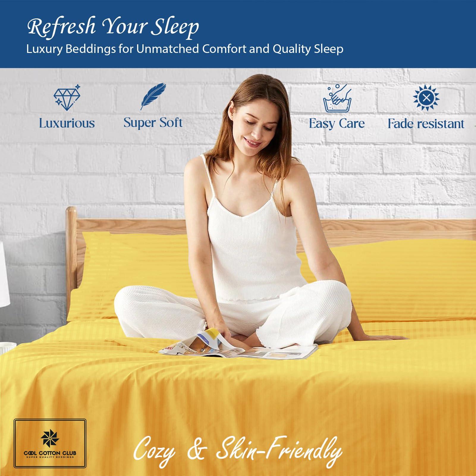 Cool Cotton Club Supima ELS Cotton Sheets, Queen Sheet Set Real 400 Thread Count Luxury 4 PC Bedding Set, Hotel Quality Sateen Weave, fits up to 7-9\" Elasticized Deep Pocket (Stripe, Gold)