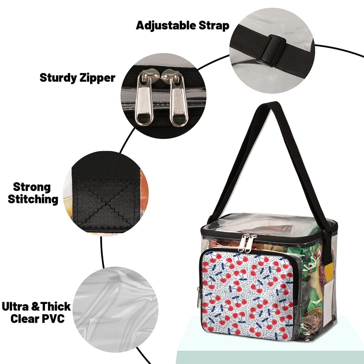 bisibuy bisibuy Cherry Print Clear Lunch Bag Stadium Approved PVC Plastic See Through Lunch box with Adjustable Strap for Sports Events Concerts Office