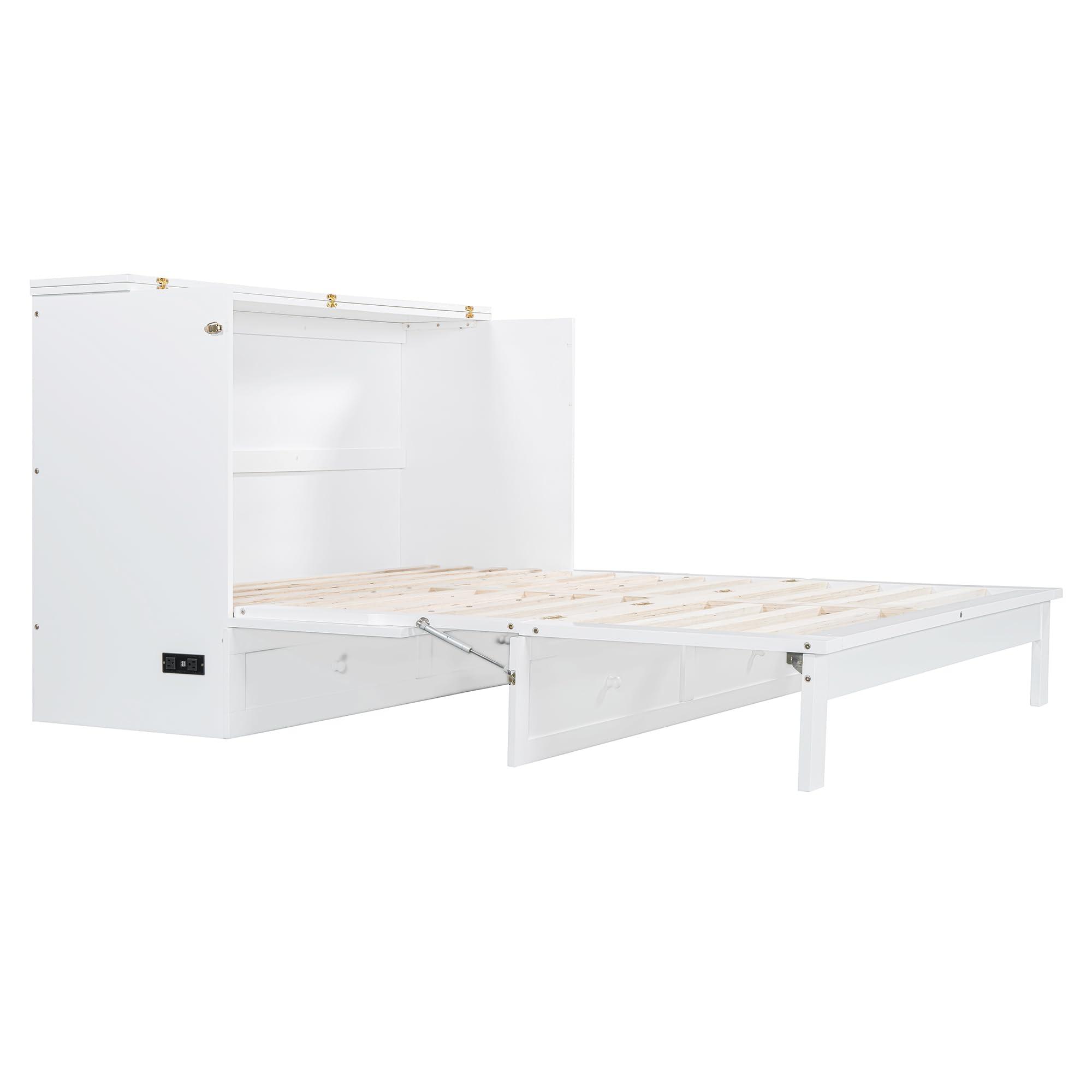 P PURLOVE P PURLOVE Queen Murphy Bed with Large Drawer, Wood Cabinet Bed with USB Ports and Three-Prong Outlets, No Box Spring Needed (White)