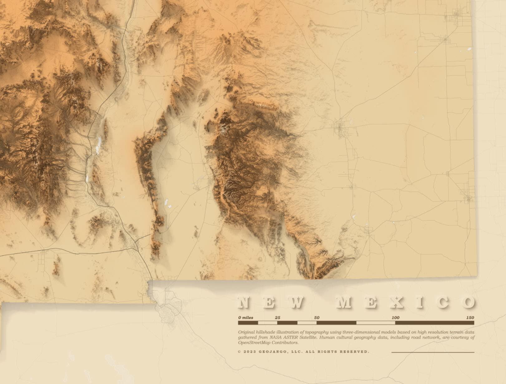 GEOJANGO GeoJango Maps, New Mexico State Physical Map; Topo Topographical Elevation Shaded Relief Framed Picture, 24x24 inch map (Antique)