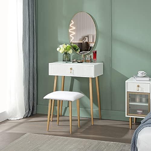LUKYRA LUKYRA Small Vanity Desk with Drawers,Fluted Compact Makeup Table with Storage, Mini White and Gold Dressing Table (Without Mirror and Stool)