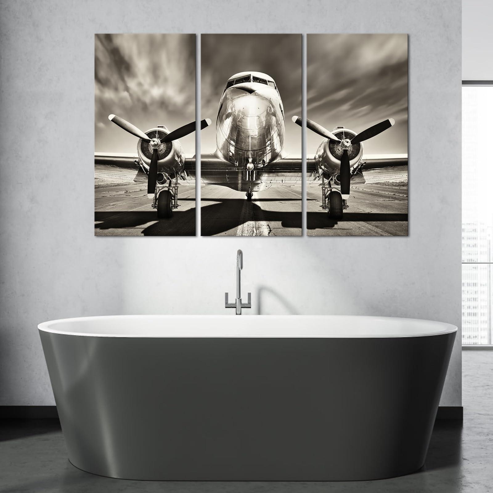 KLVOS KLVOS 3 Piece Airplane Wall Art Vintage Black and white Propeller Aircraft Picture for Boy Room Home Office Modern Home Decor Stretched and Framed Ready to Hang - 16"x32"x3pcs