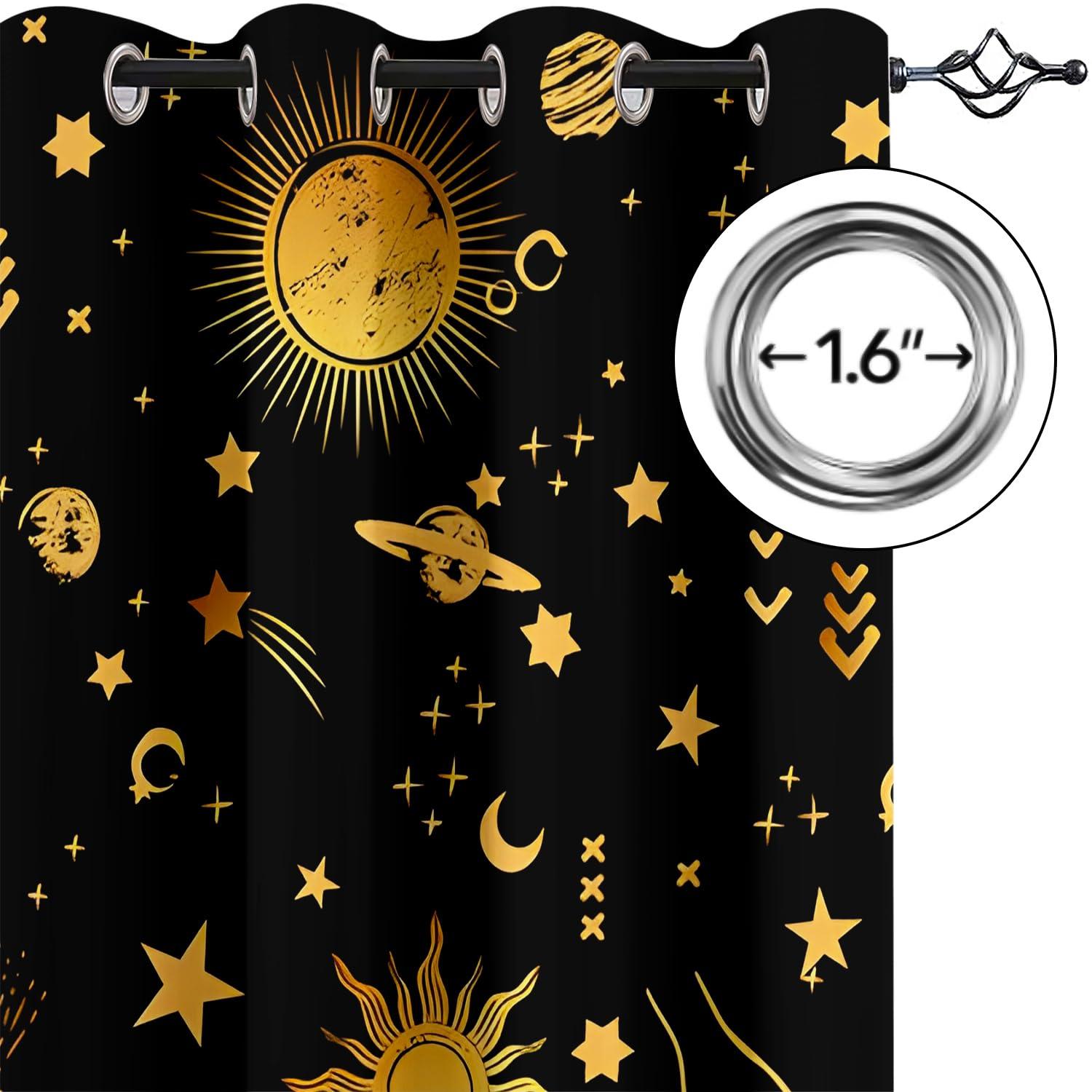 PFFM Black Gold Celestial Curtains Blackout, Moon Phase Celestial Sun Stars Goth Mystic Art Grommet Curtains, Light Reducing Thermal Insulated Window Curtains for Bedroom-21 W X 45" L X 2 Panels